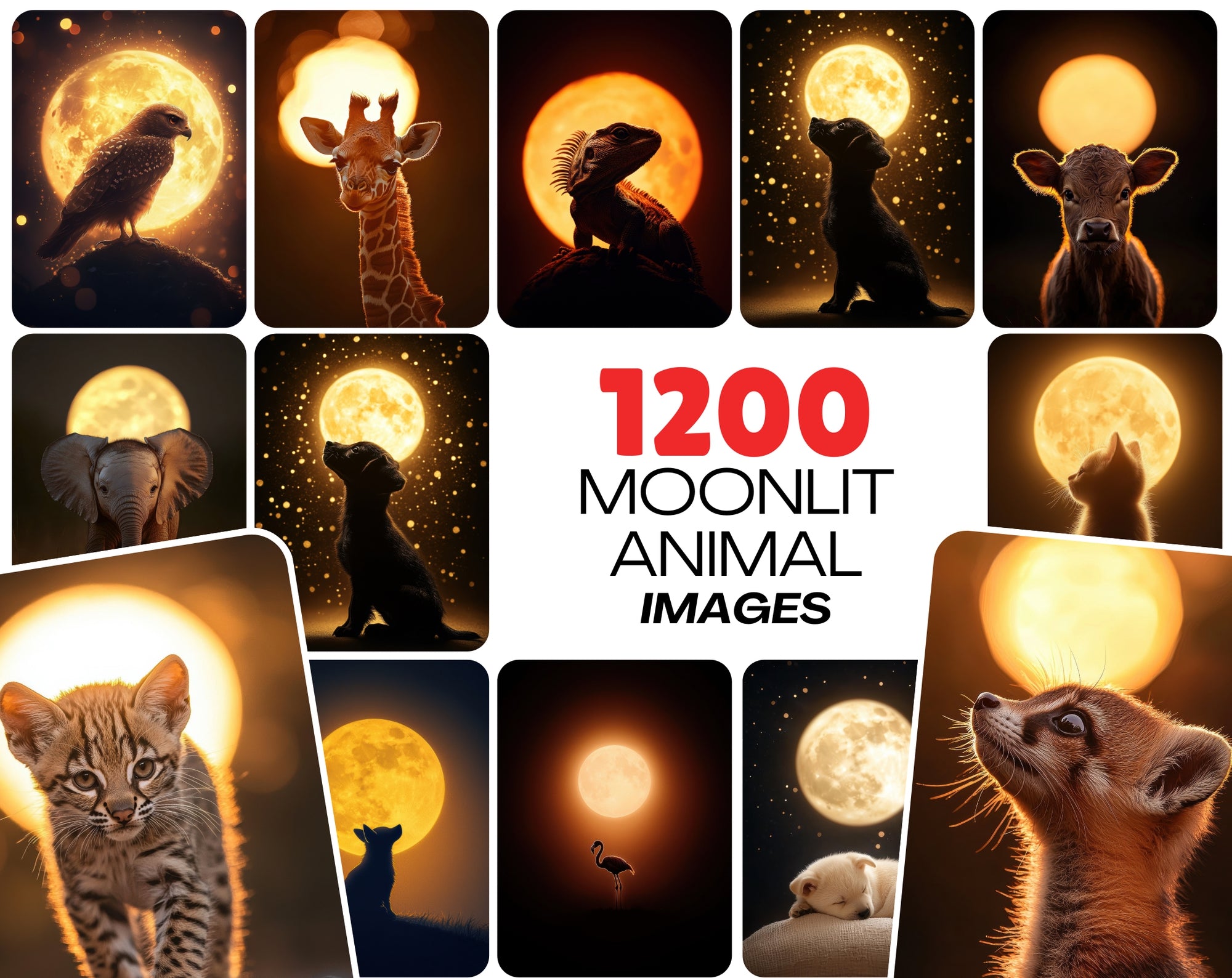 1200 Magical Animal Moon Art Prints – Try 200 Free Samples, Glowing Full Moon in Dark Golden Tones