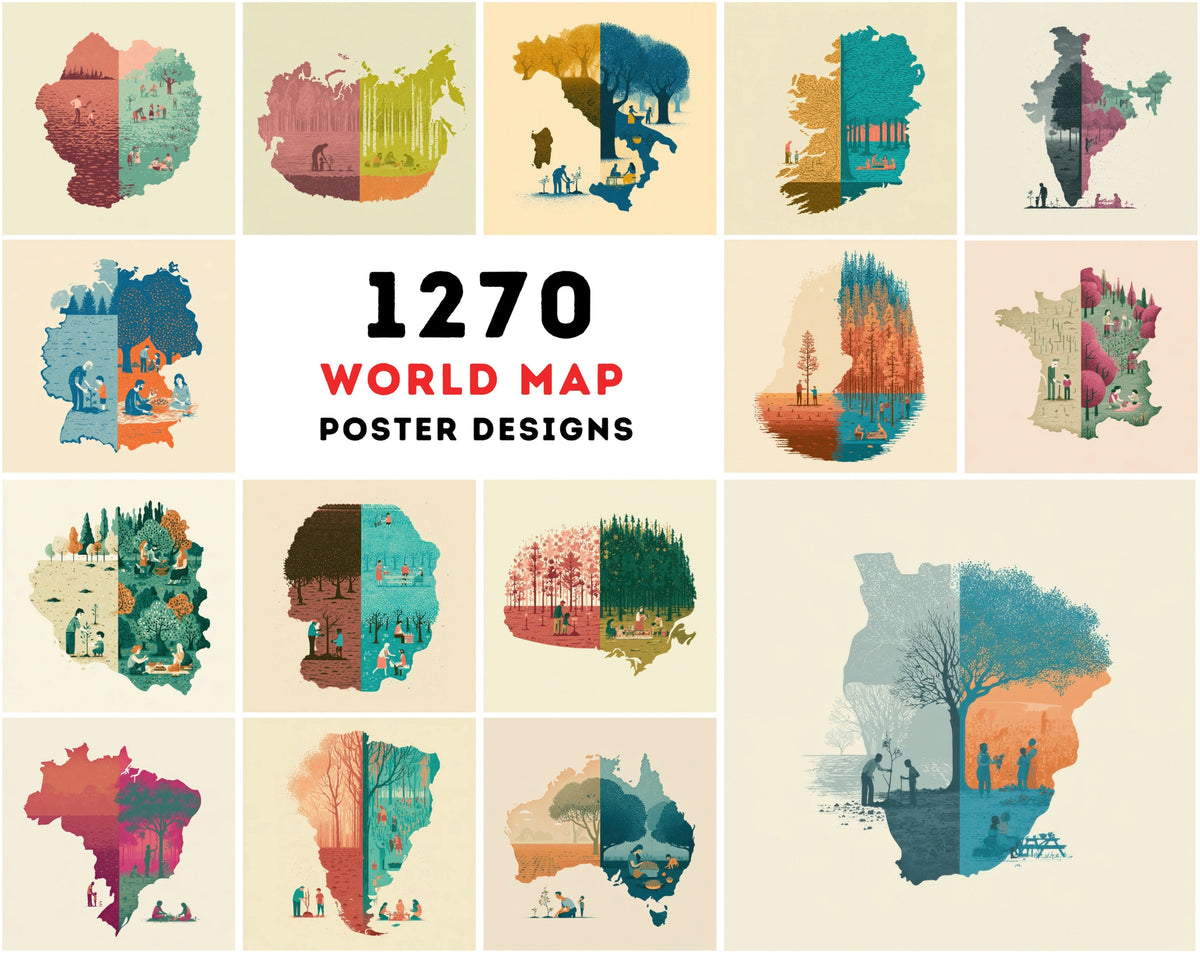 1270 Country Map Silhouette Posters - World Map Wall Art Bundle, Heritage & Harvest Split Designs
