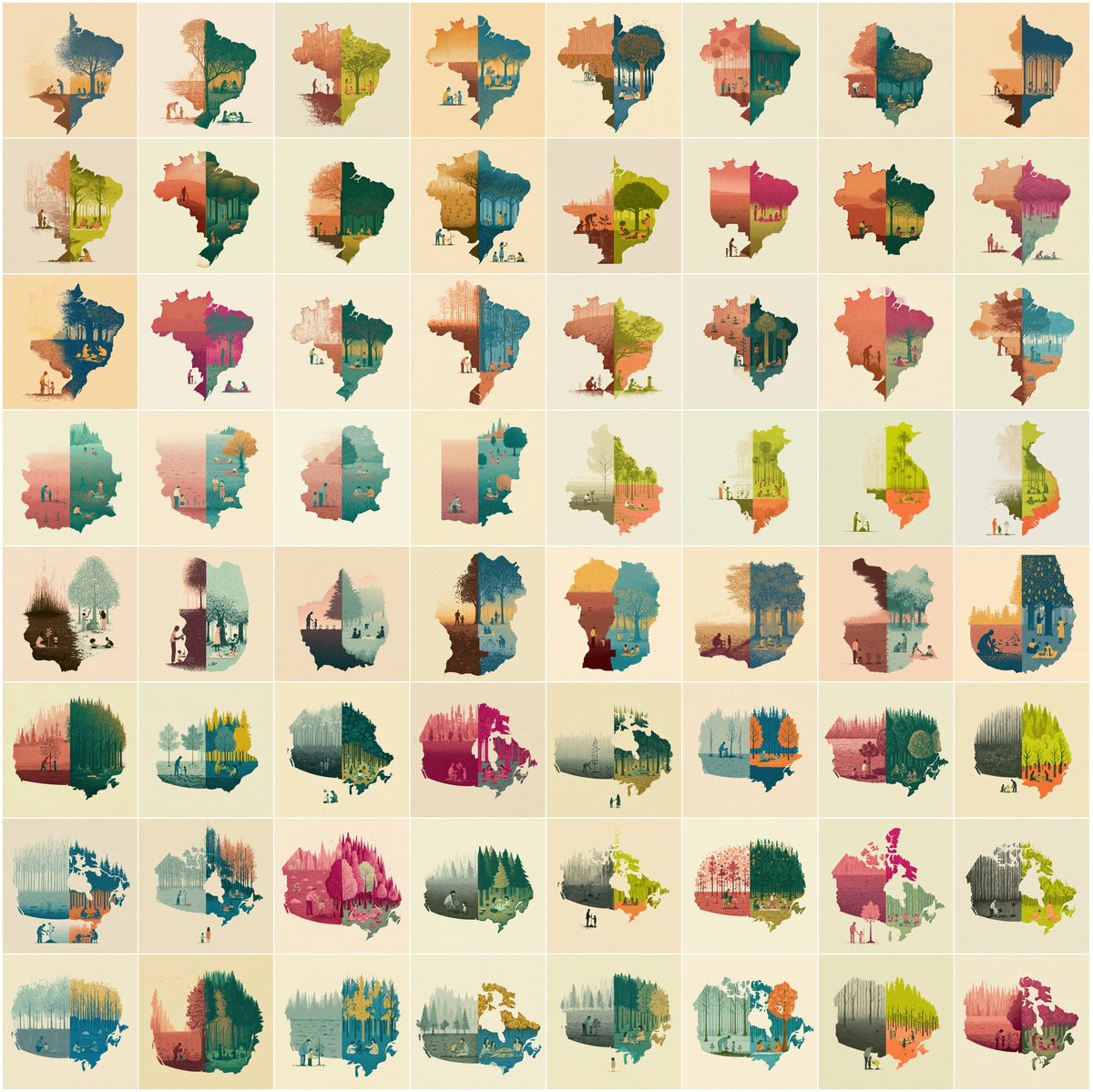 1270 Country Map Silhouette Posters - World Map Wall Art Bundle, Heritage & Harvest Split Designs