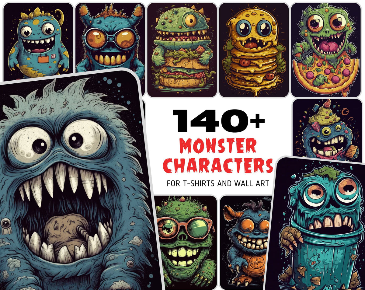 Distorted Monster Designs 140+ Whimsical Funny Monster Designs Bundle – Ideal for T-Shirts, Wall