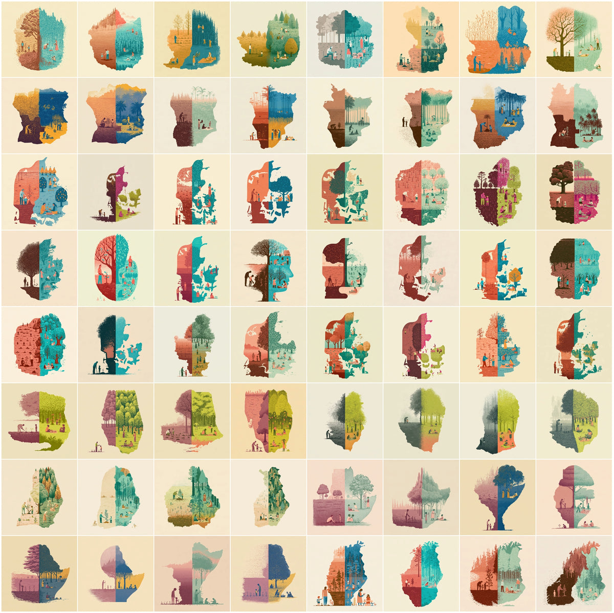 1270 Country Map Silhouette Posters - World Map Wall Art Bundle, Heritage & Harvest Split Designs