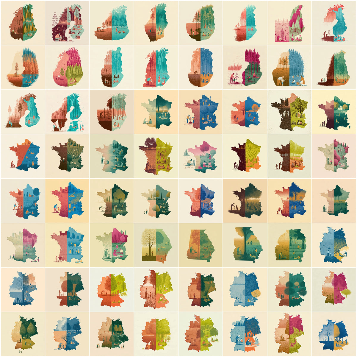 1270 Country Map Silhouette Posters - World Map Wall Art Bundle, Heritage & Harvest Split Designs