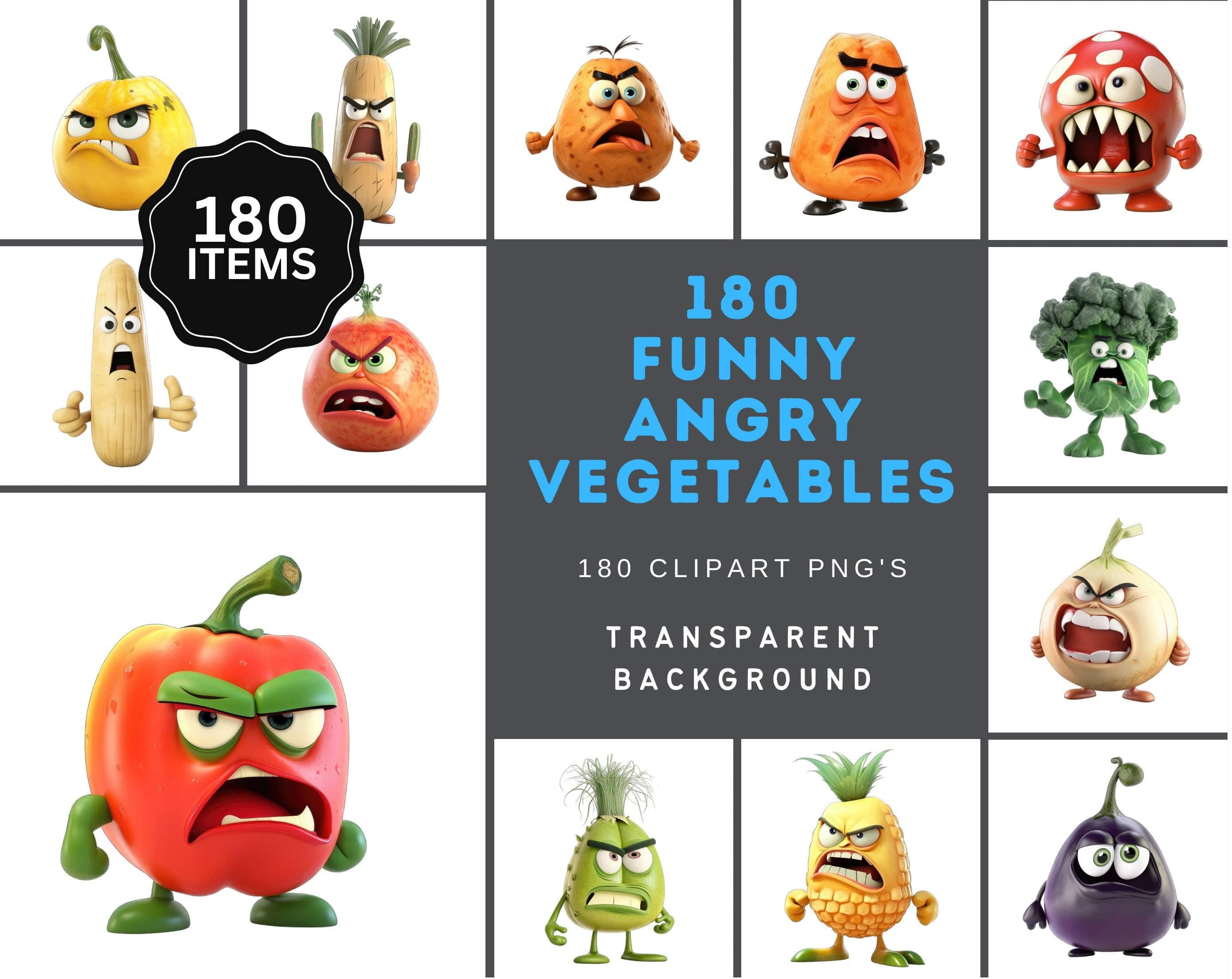 180 Angry Vegetable Transparent Images Bundle - Digital Download - High Resolution - Clipart - Instant Download - Funny vegetables Digital Download Sumobundle