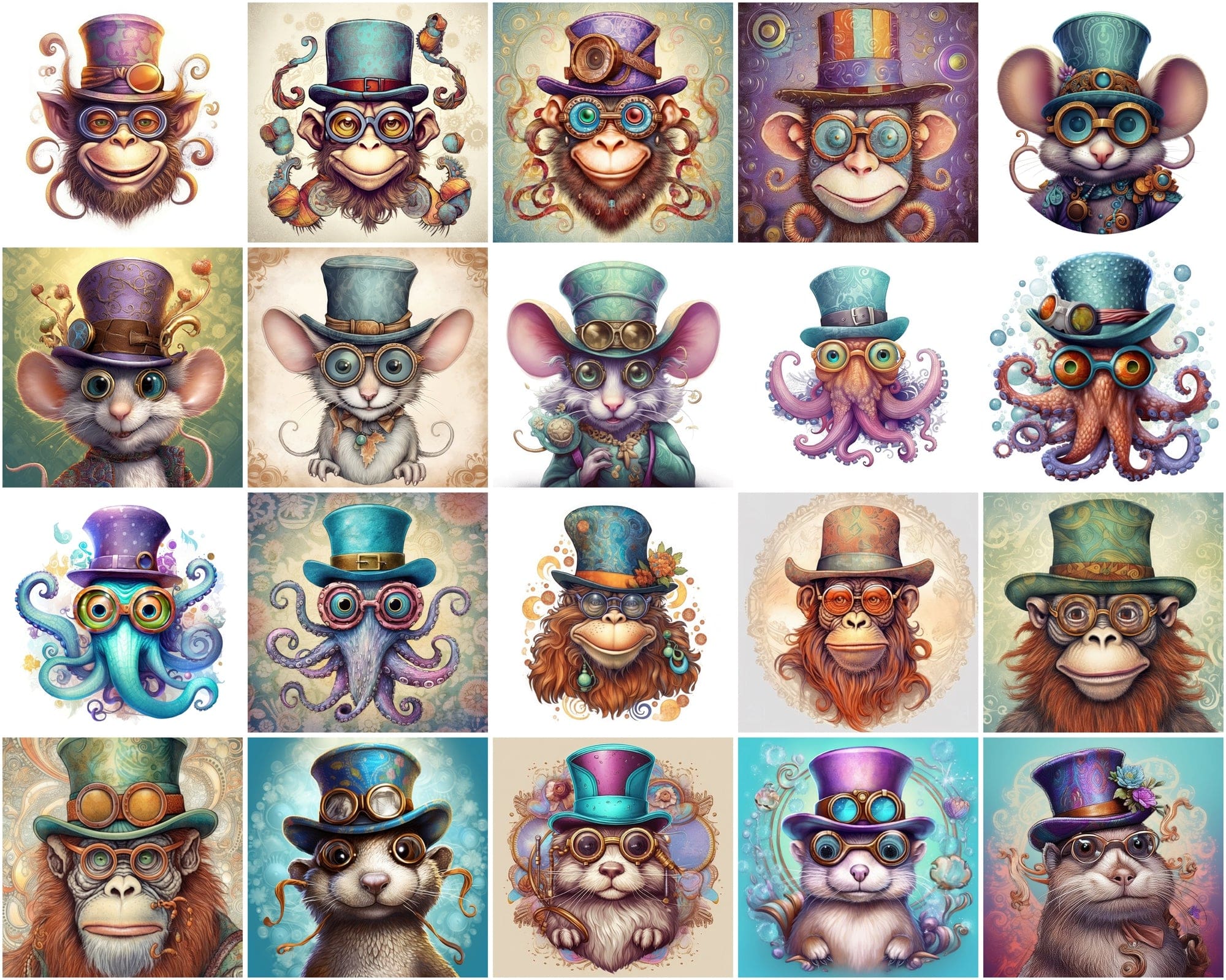 190 Whimsical, Magical, Wacky Animal Images | Commercial License | Colorful PNGs with Glasses Digital Download Sumobundle