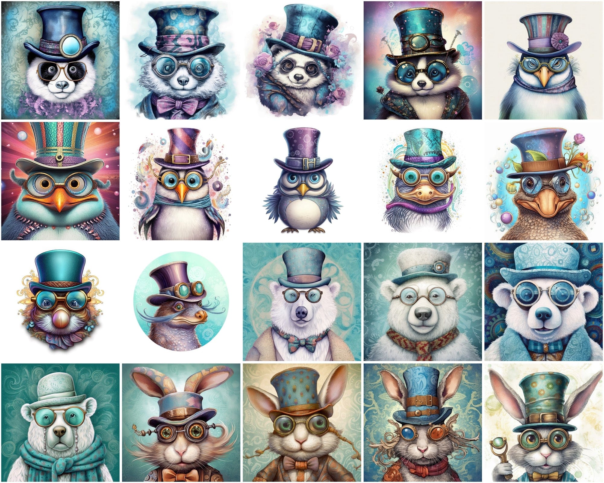 190 Whimsical, Magical, Wacky Animal Images | Commercial License | Colorful PNGs with Glasses Digital Download Sumobundle