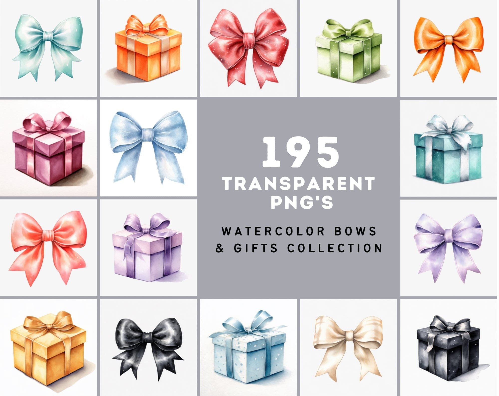195 Premium Watercolor Bows & Gifts: Transparent PNGs with Commercial License Digital Download Sumobundle
