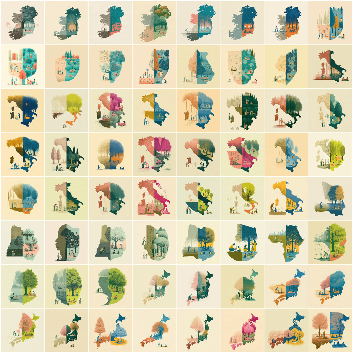 1270 Country Map Silhouette Posters - World Map Wall Art Bundle, Heritage & Harvest Split Designs