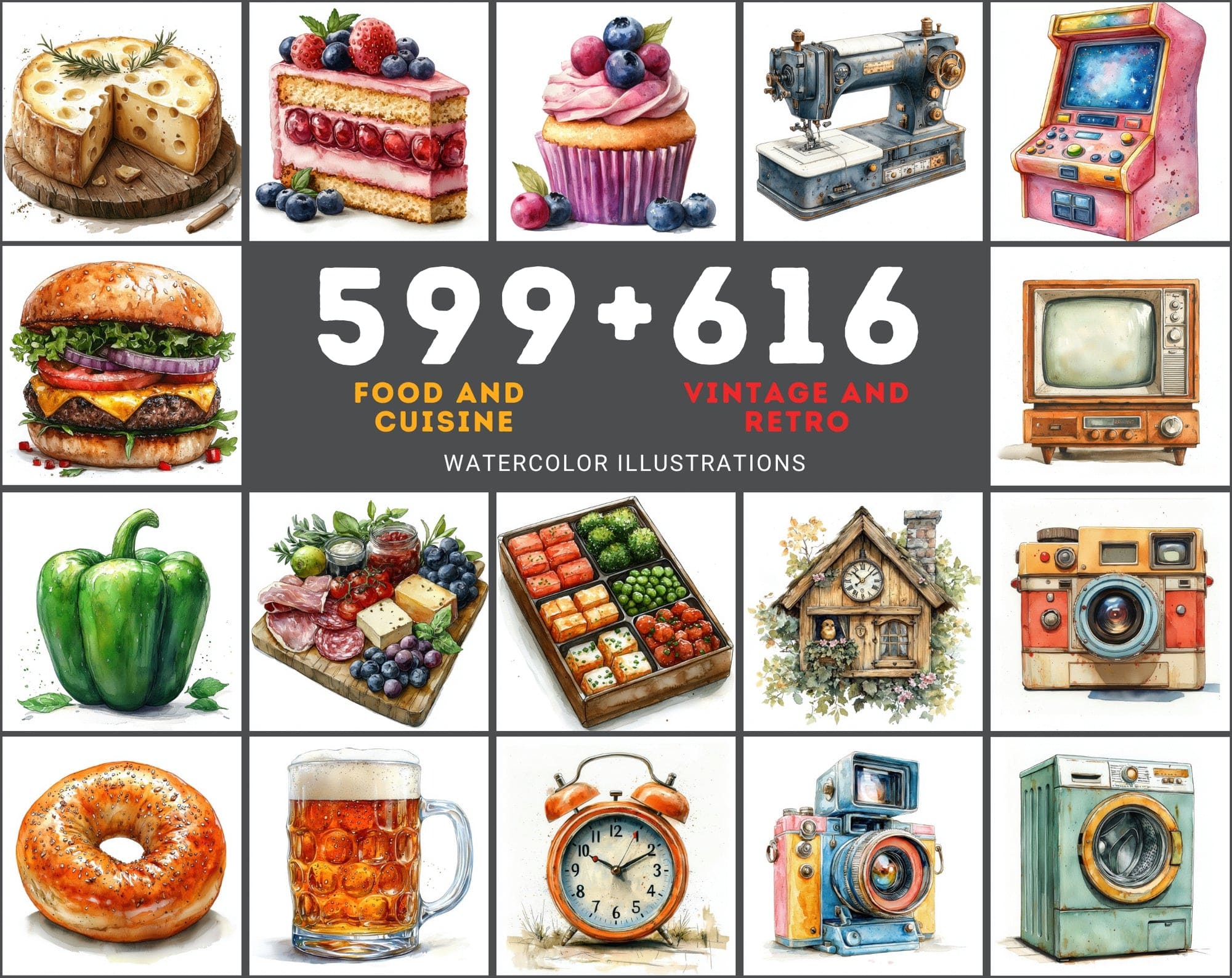 2-in-1 Bundle: 1215 Watercolor Food & Vintage Illustrations Digital Download Sumobundle