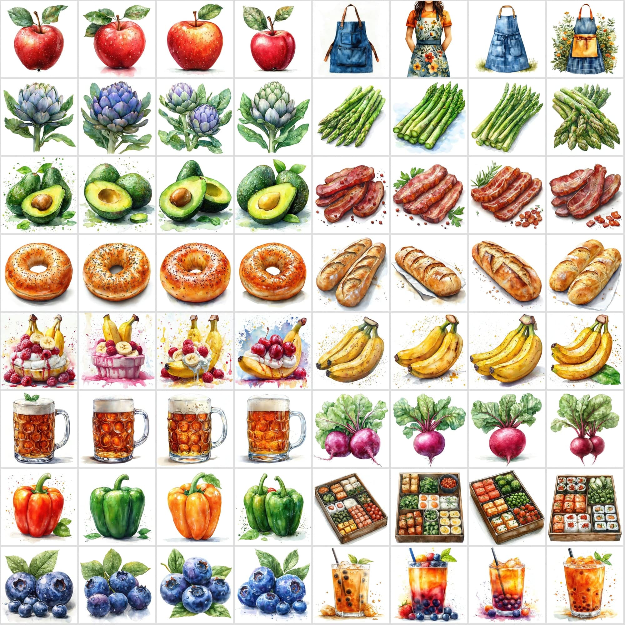 2-in-1 Bundle: 1215 Watercolor Food & Vintage Illustrations Digital Download Sumobundle