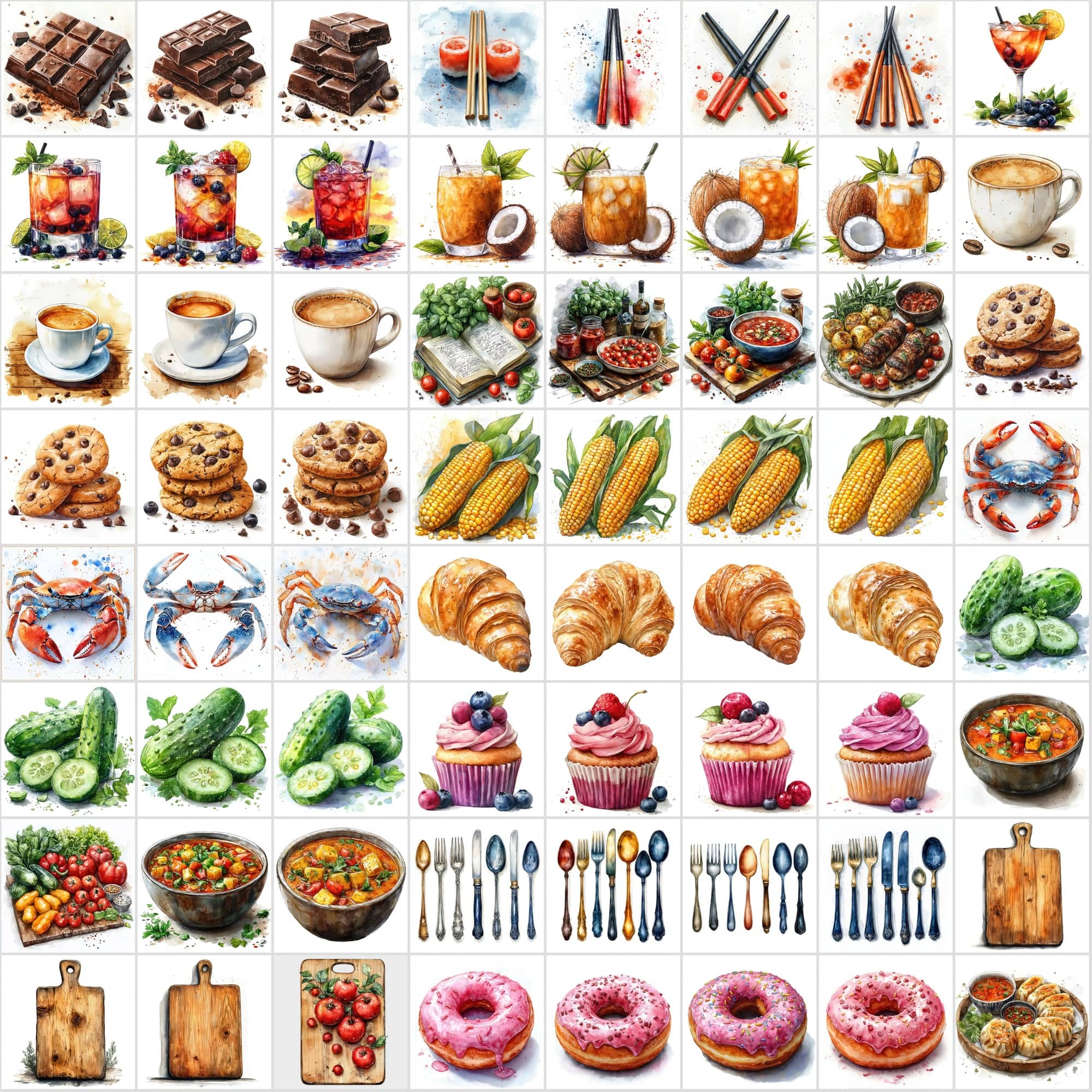 2-in-1 Bundle: 1215 Watercolor Food & Vintage Illustrations Digital Download Sumobundle
