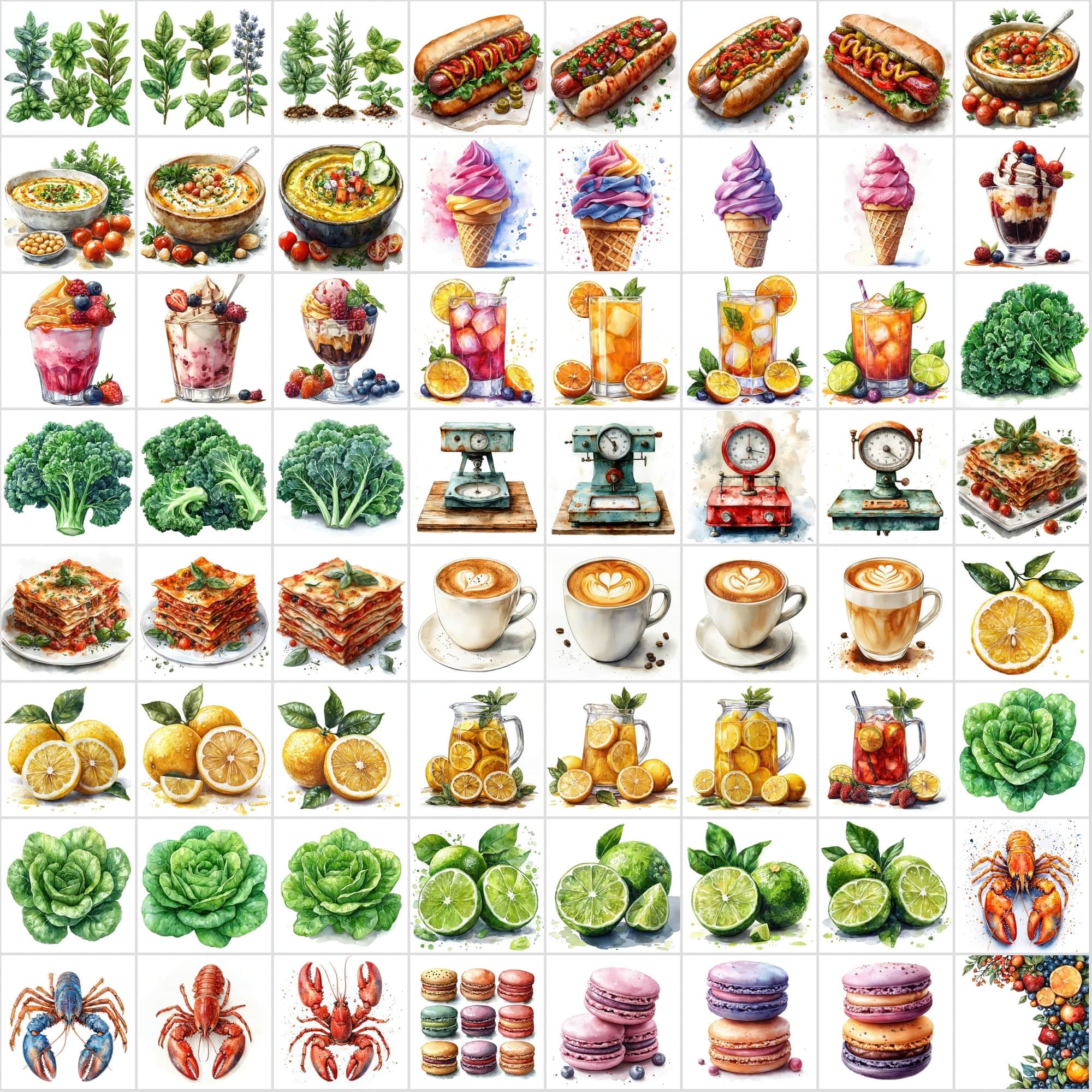 2-in-1 Bundle: 1215 Watercolor Food & Vintage Illustrations Digital Download Sumobundle