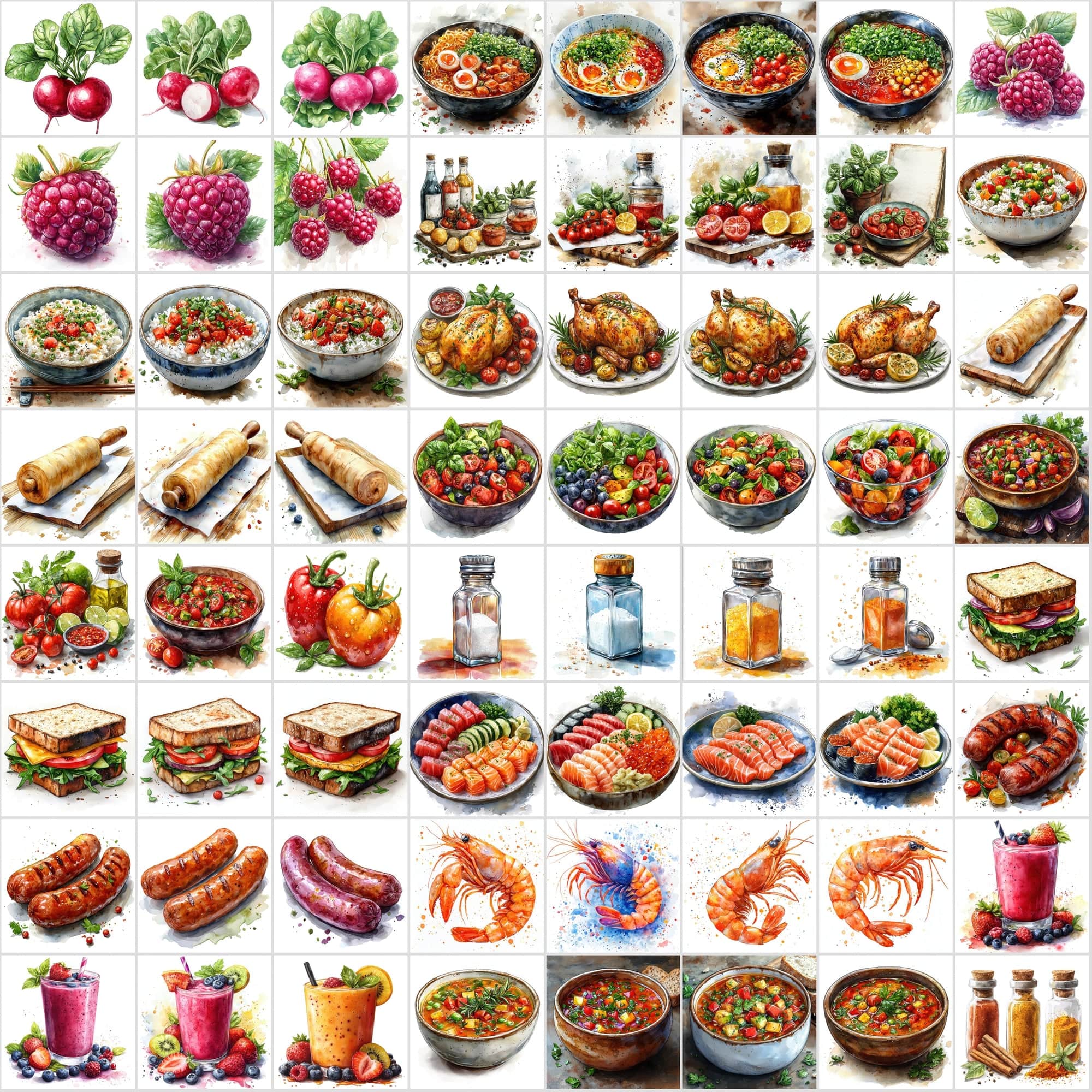 2-in-1 Bundle: 1215 Watercolor Food & Vintage Illustrations Digital Download Sumobundle