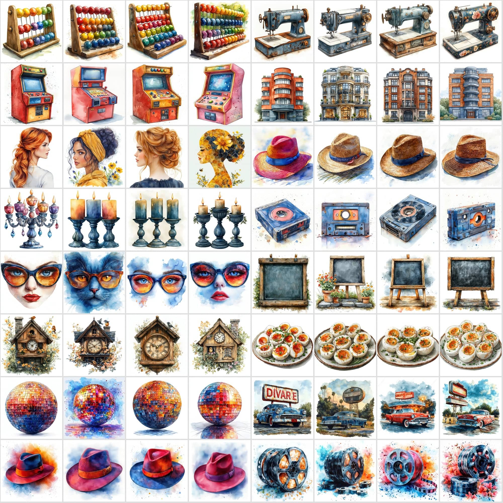 2-in-1 Bundle: 1215 Watercolor Food & Vintage Illustrations Digital Download Sumobundle