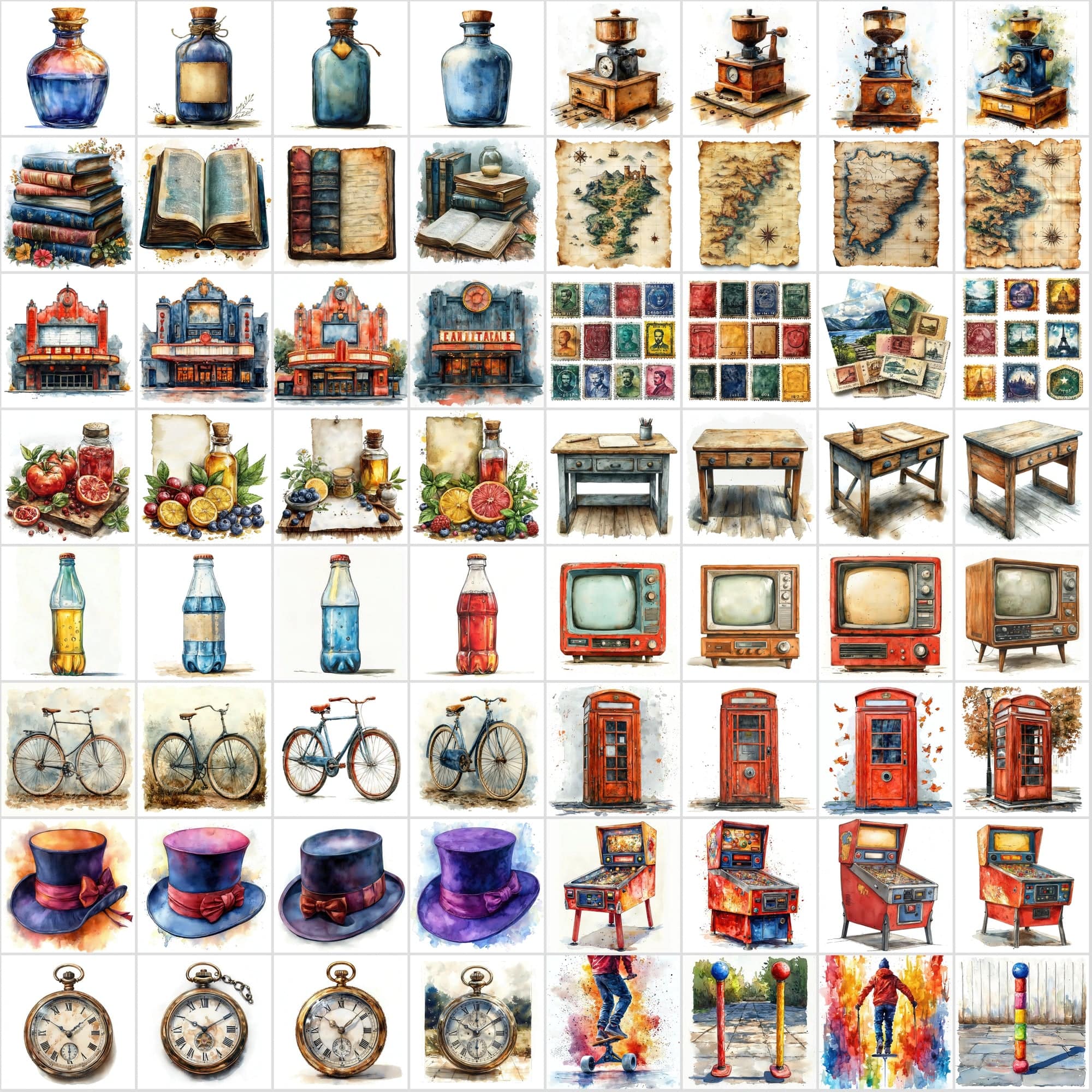 2-in-1 Bundle: 1215 Watercolor Food & Vintage Illustrations Digital Download Sumobundle