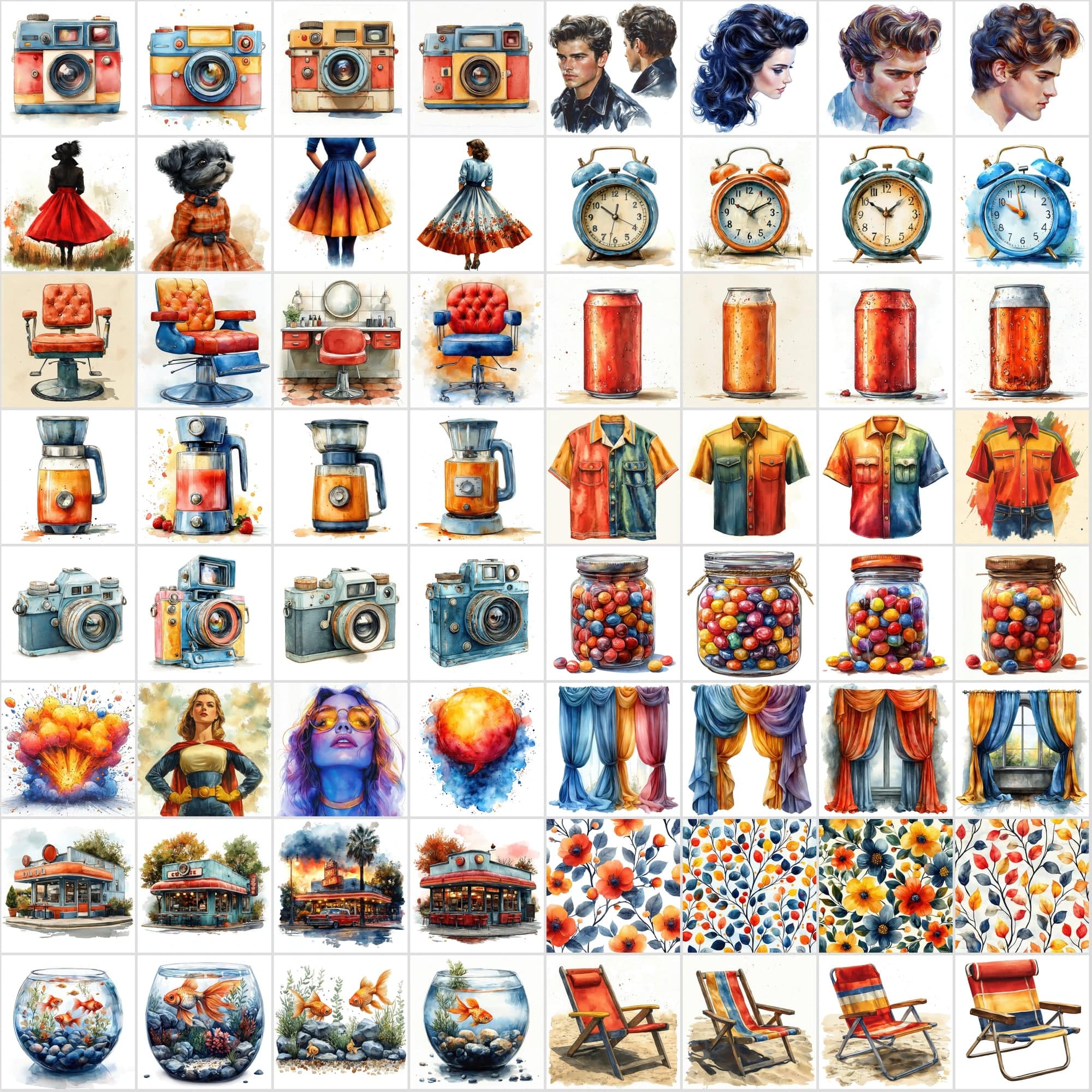 2-in-1 Bundle: 1215 Watercolor Food & Vintage Illustrations Digital Download Sumobundle