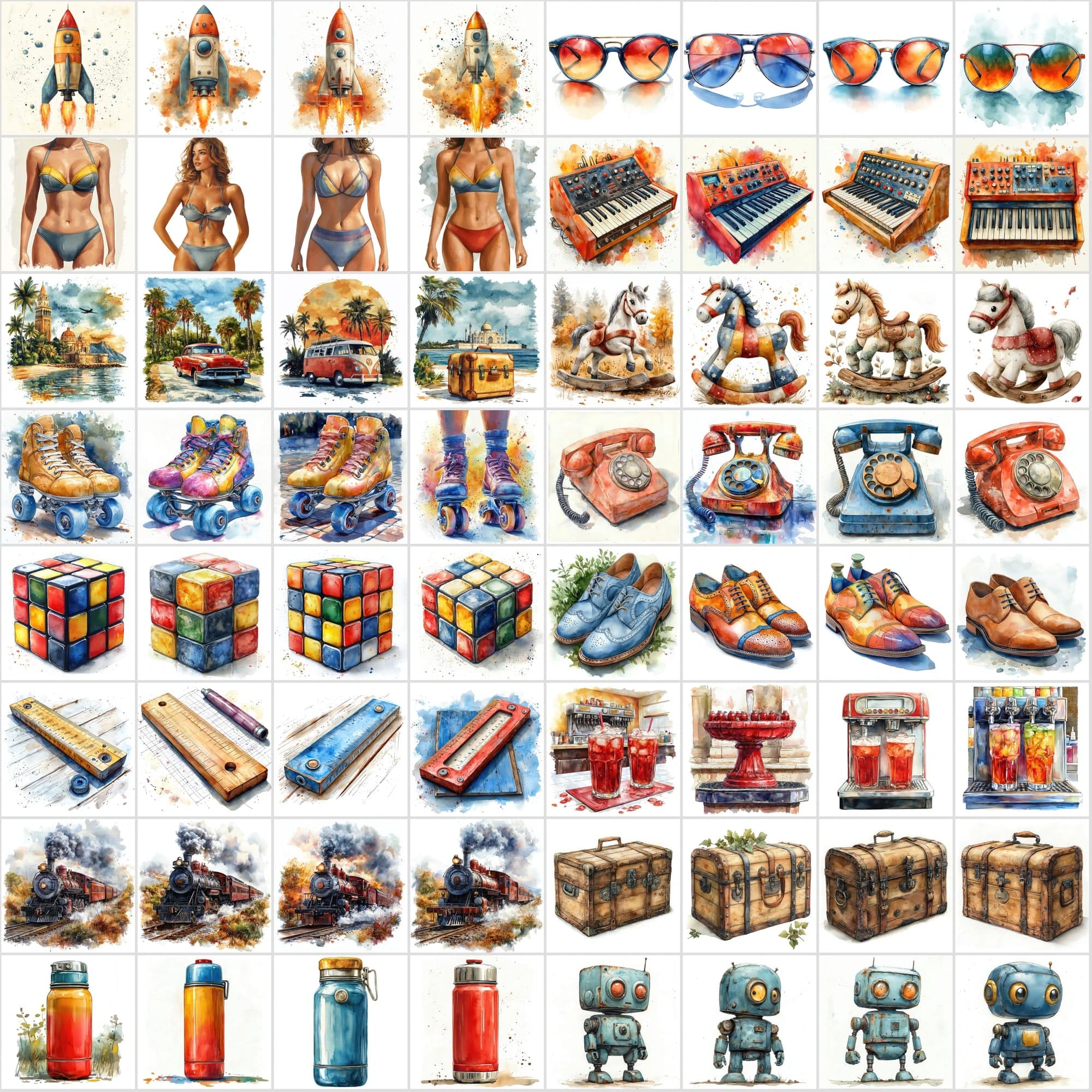 2-in-1 Bundle: 1215 Watercolor Food & Vintage Illustrations Digital Download Sumobundle