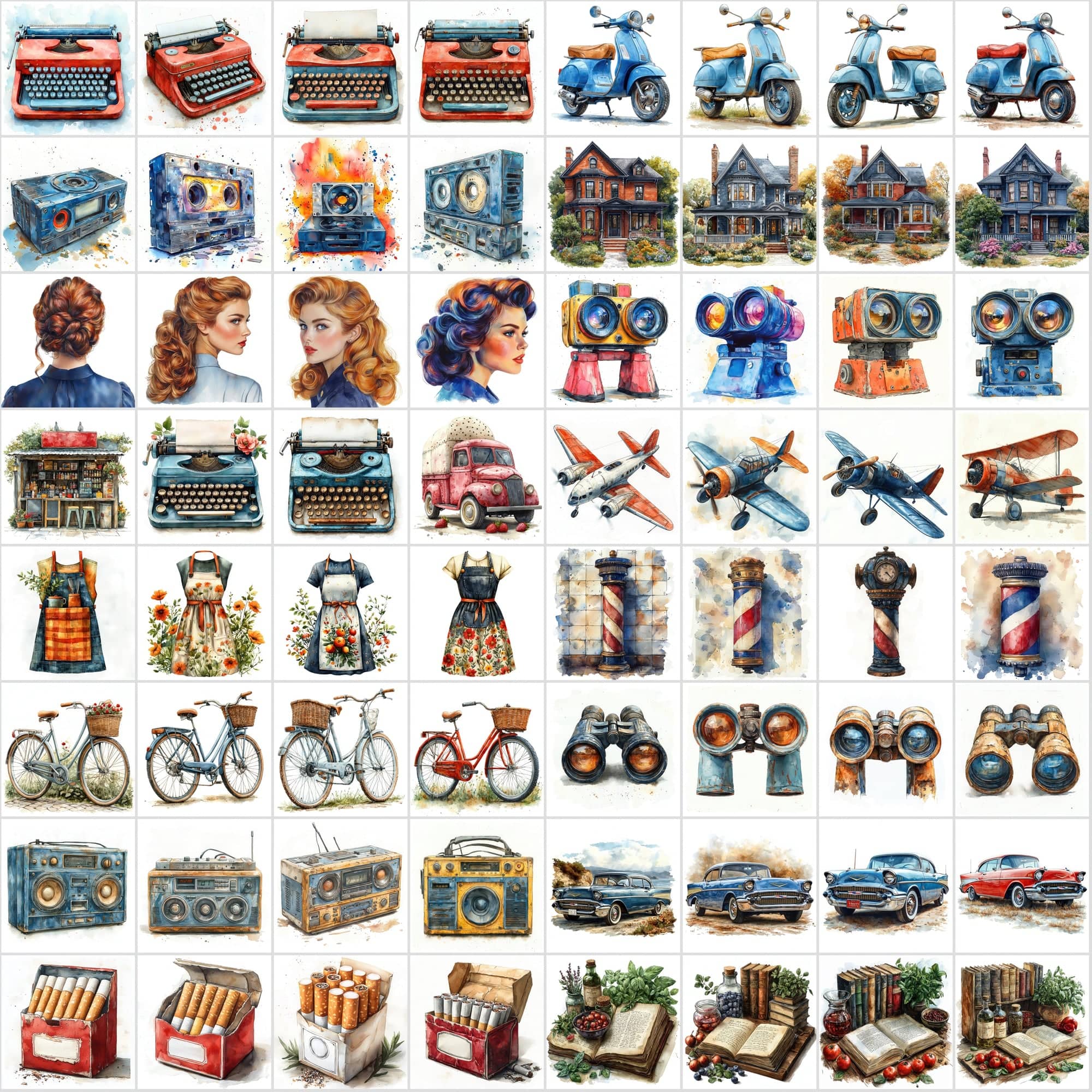 2-in-1 Bundle: 1215 Watercolor Food & Vintage Illustrations Digital Download Sumobundle