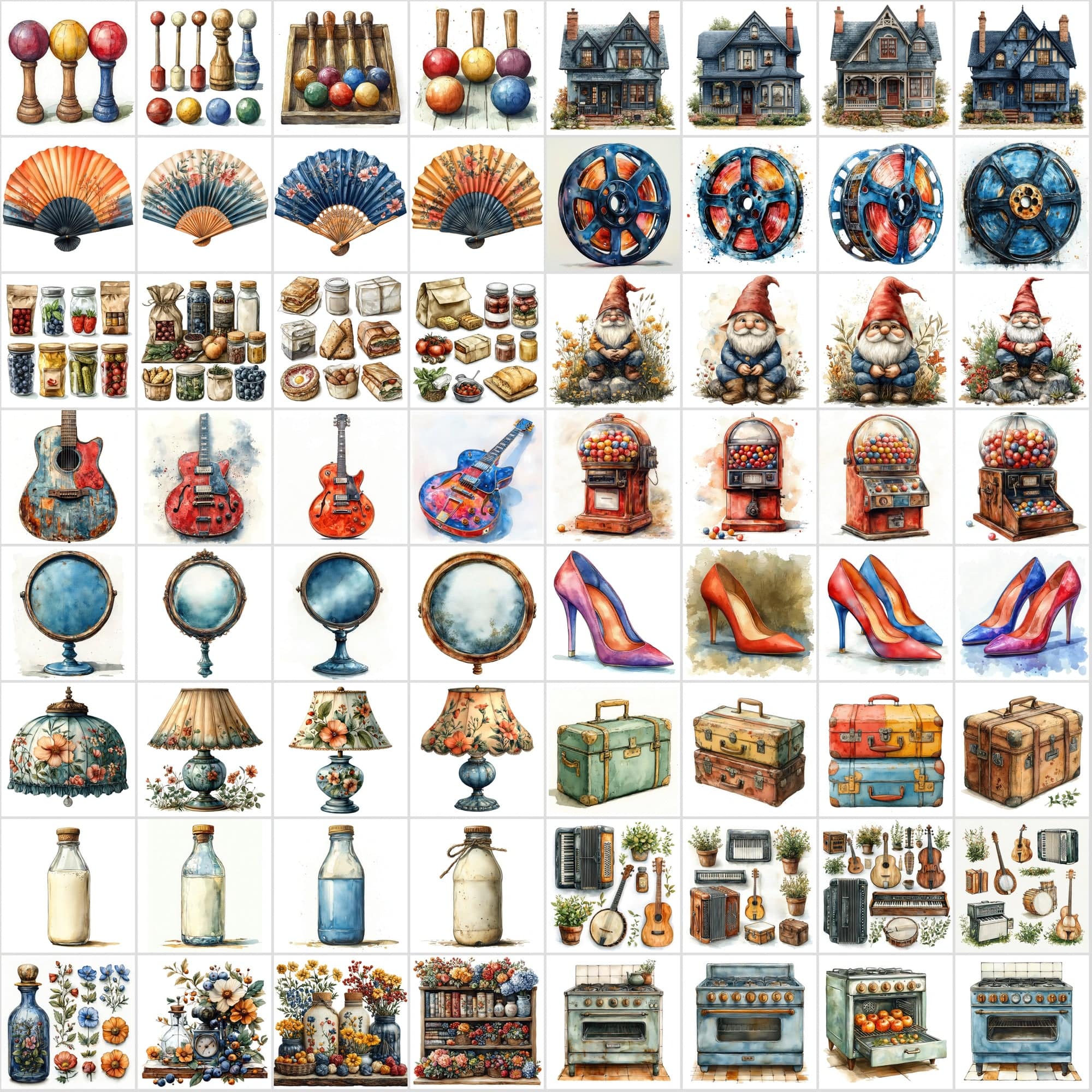 2-in-1 Bundle: 1215 Watercolor Food & Vintage Illustrations Digital Download Sumobundle