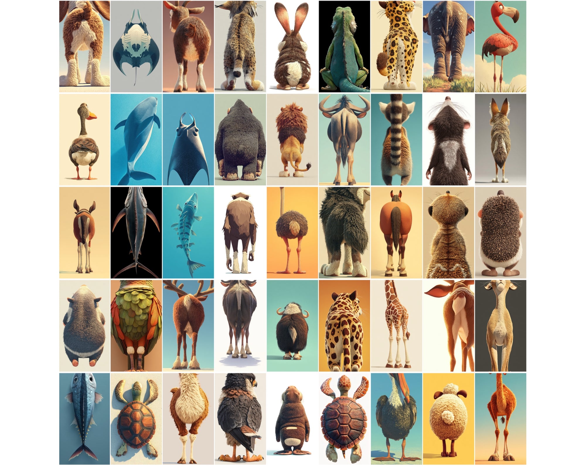 1080 Funny Animal Backs – Unique Rear View Animal Illustrations JPG Bundle