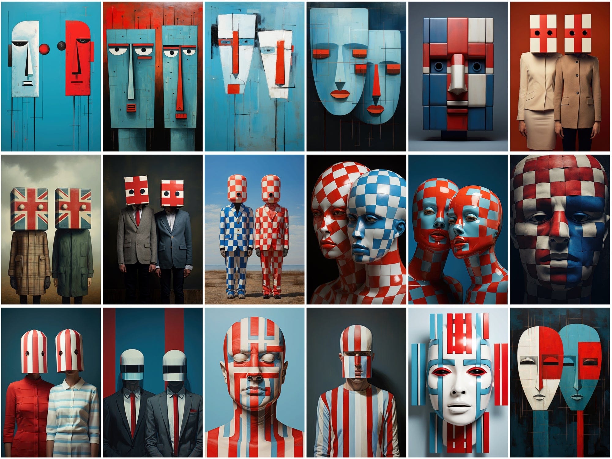 210 Wall Art PNG Images - Colorful Square Heads, Red and Blue Accents, Minimal Line Art, Commercial License Included Digital Download Sumobundle