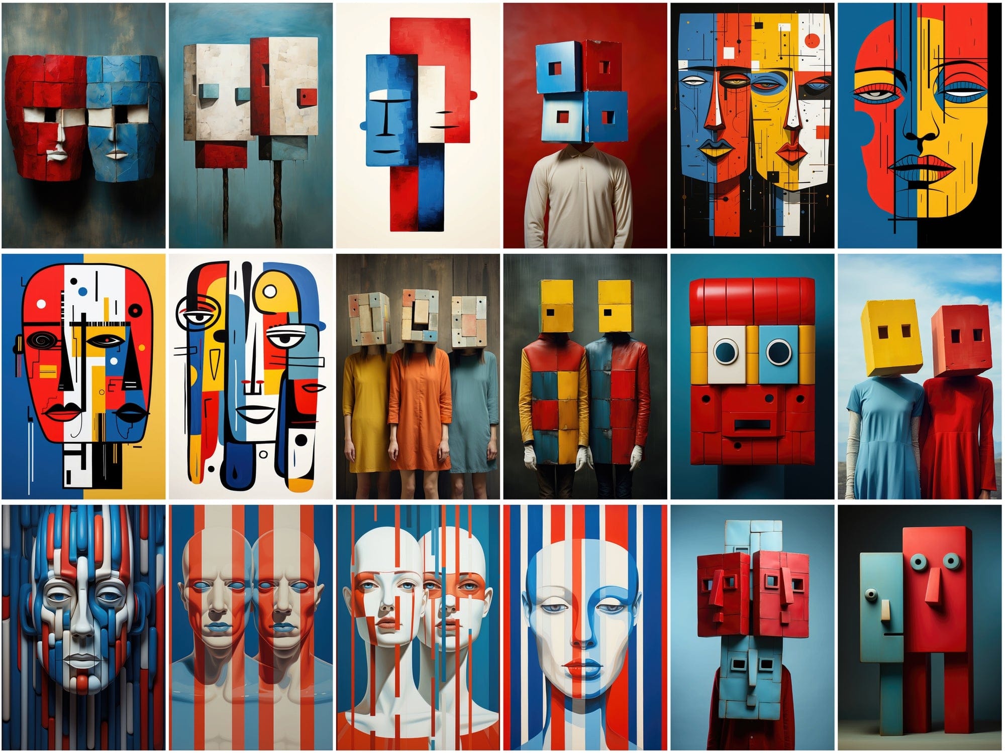 210 Wall Art PNG Images - Colorful Square Heads, Red and Blue Accents, Minimal Line Art, Commercial License Included Digital Download Sumobundle