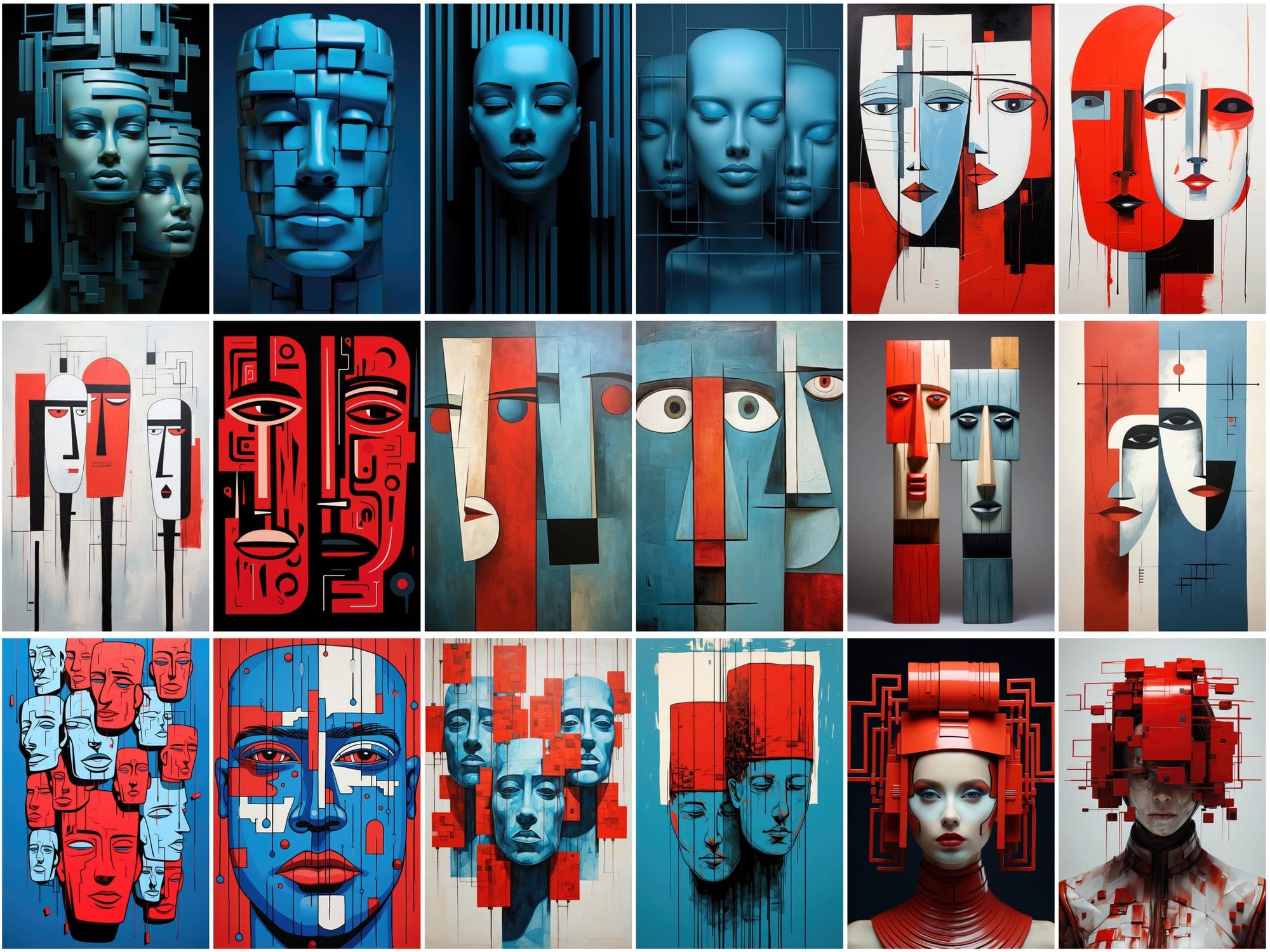 210 Wall Art PNG Images - Colorful Square Heads, Red and Blue Accents, Minimal Line Art, Commercial License Included Digital Download Sumobundle