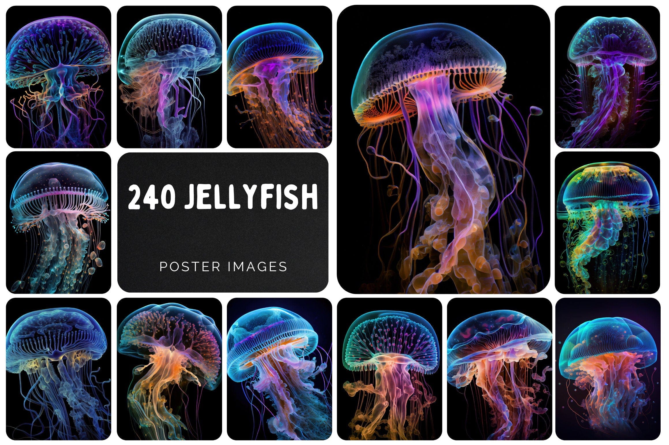 240 Glowing jellyfish images - Neon jellyfish printable posters - Glow Jellyfish Image Pack - Commercial License Digital Download Sumobundle