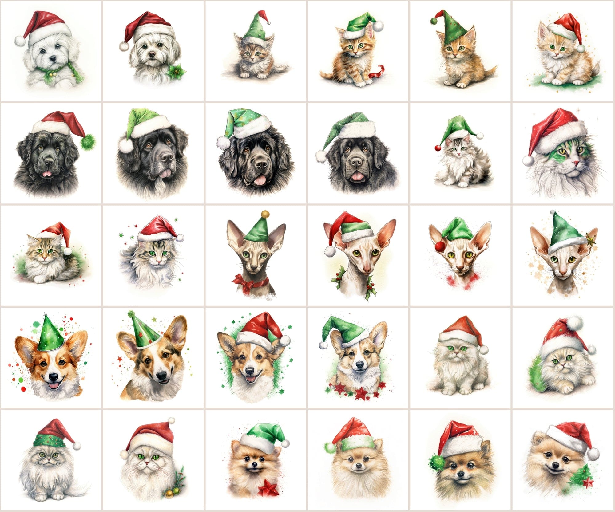 280 Animal Santa Hat PNGs: Dogs, Cats, Christmas Clipart, Commercial License Included Digital Download Sumobundle