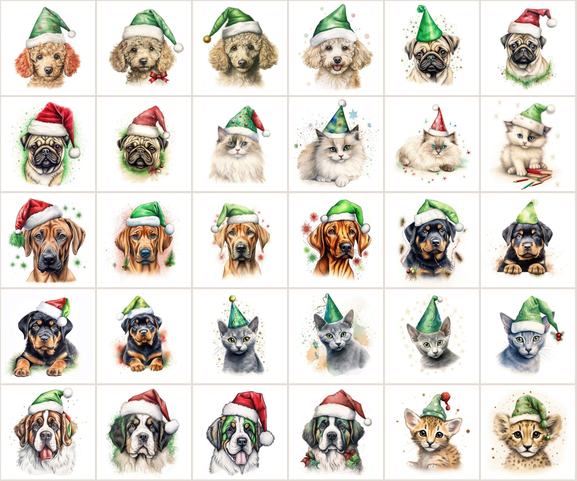 280 Animal Santa Hat PNGs: Dogs, Cats, Christmas Clipart, Commercial License Included Digital Download Sumobundle