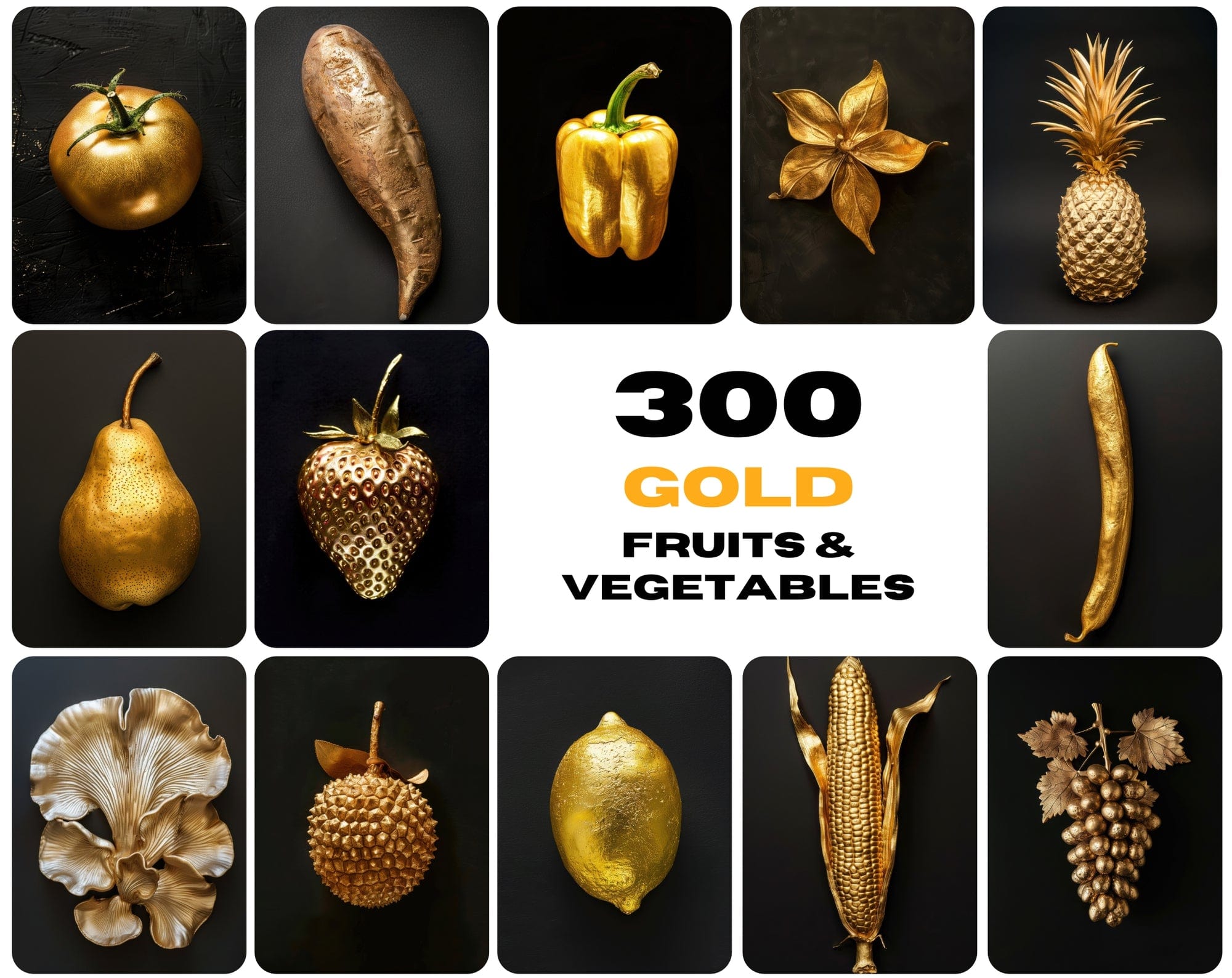 300 Gold Fruits & Vegetables Images Digital Download Sumobundle