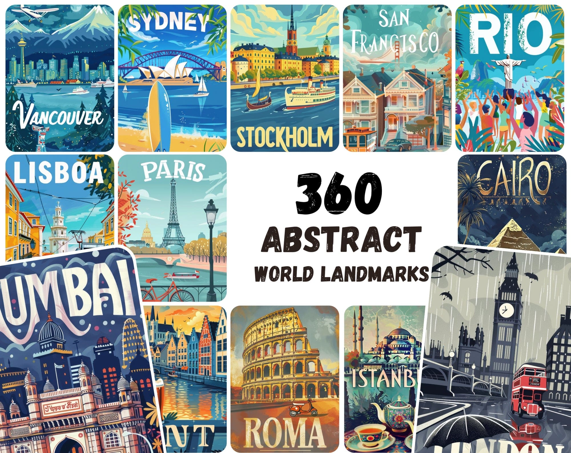 360 Global Landmark Abstracts | Commercial Use | High-Res City Art Digital Download Sumobundle