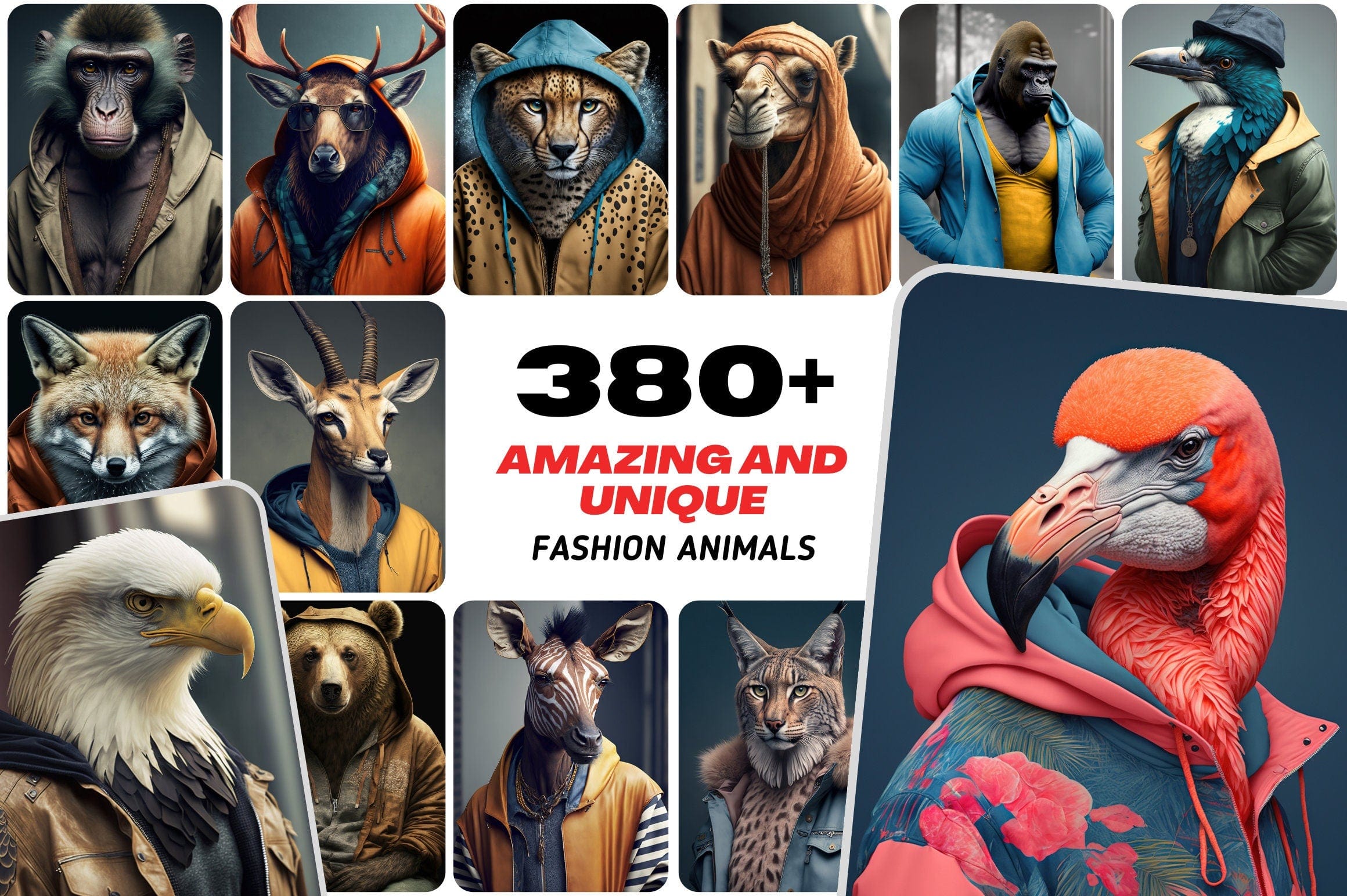 380 Fashion Animals Amazing and Unique, Printable Chic Animals, Designer animals, Pet animals dressed with cool clothes - Commercial License Digital Download Sumobundle