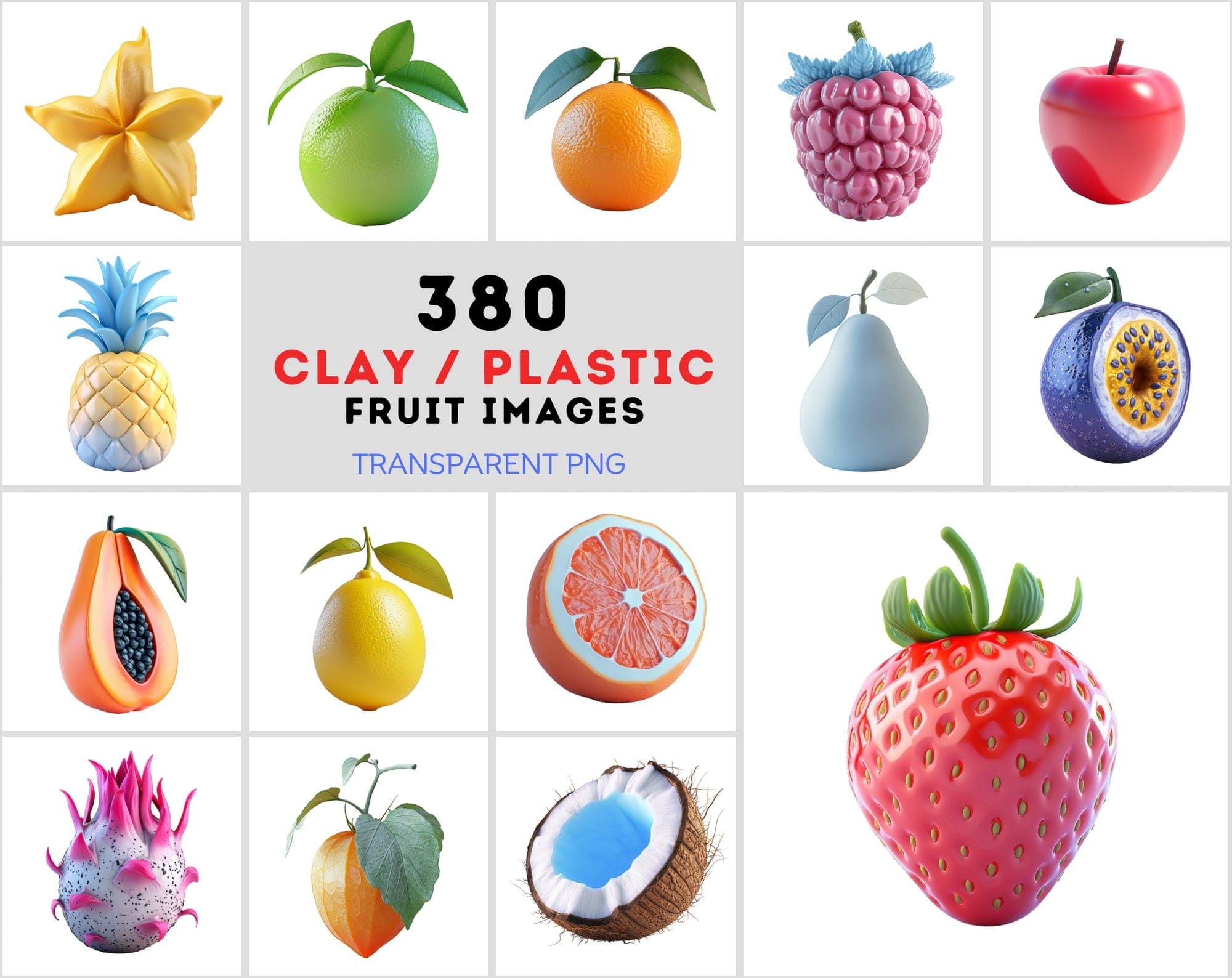 380 Vibrant Fruit Illustrations Pack: Plastic & Clay Textures Digital Download Sumobundle