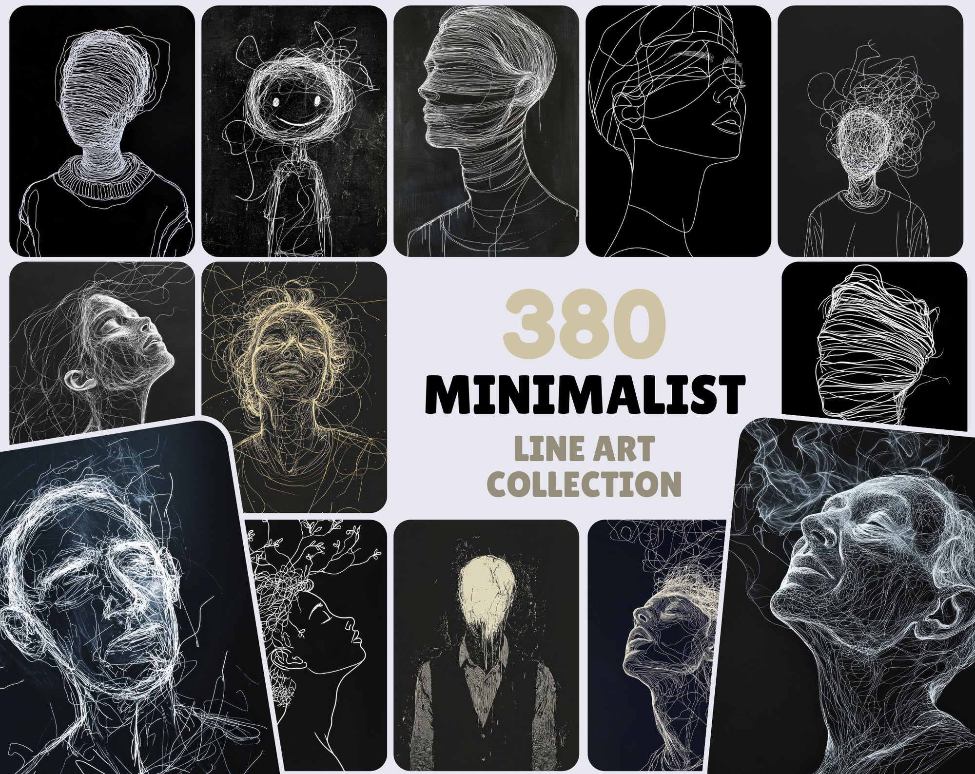 380 Minimalist Line Art Heads on Dark – High Res JPG, Commercial License