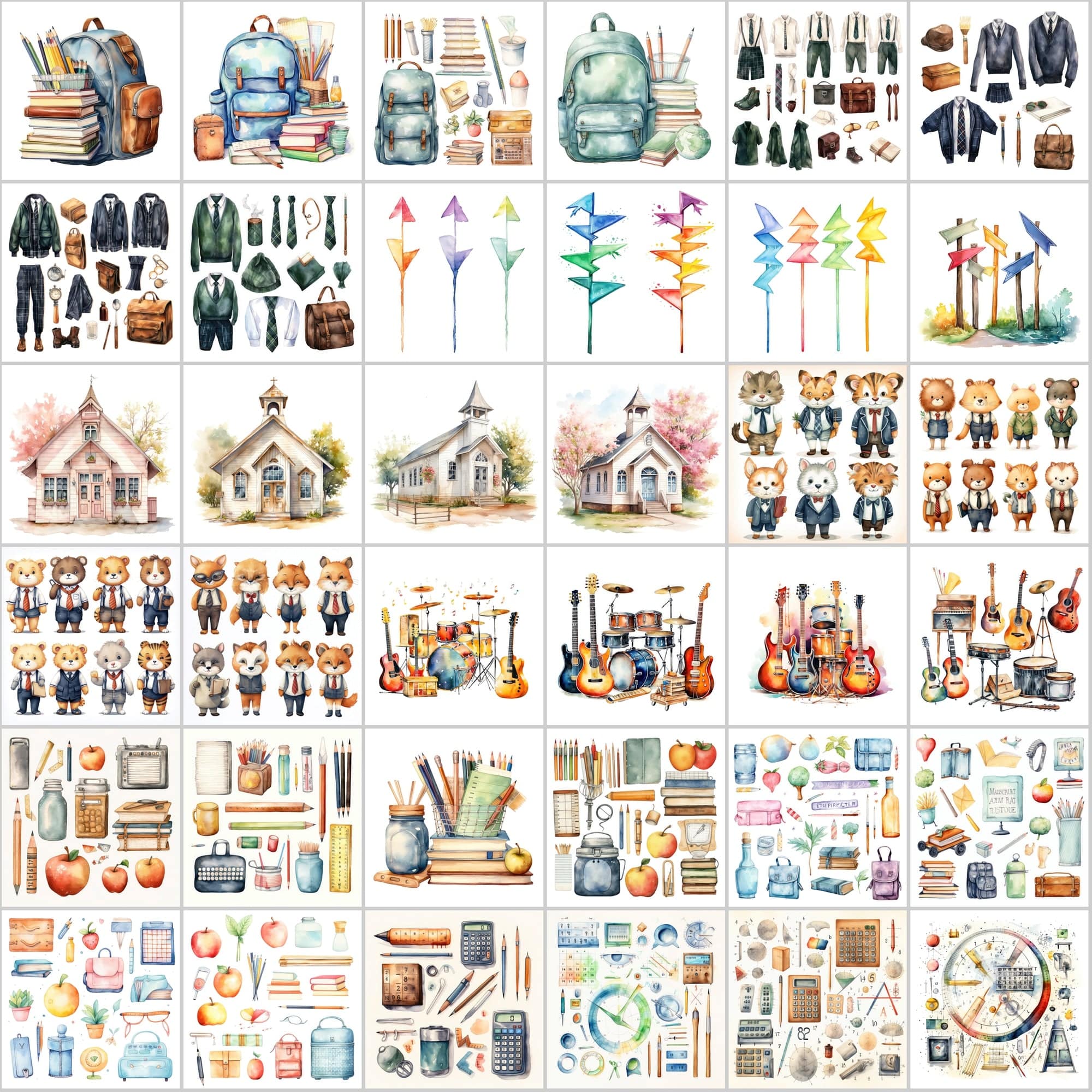 385 School-Themed Watercolor Clipart: Perfect for Teachers, Small Businesses, and Crafters Digital Download Sumobundle
