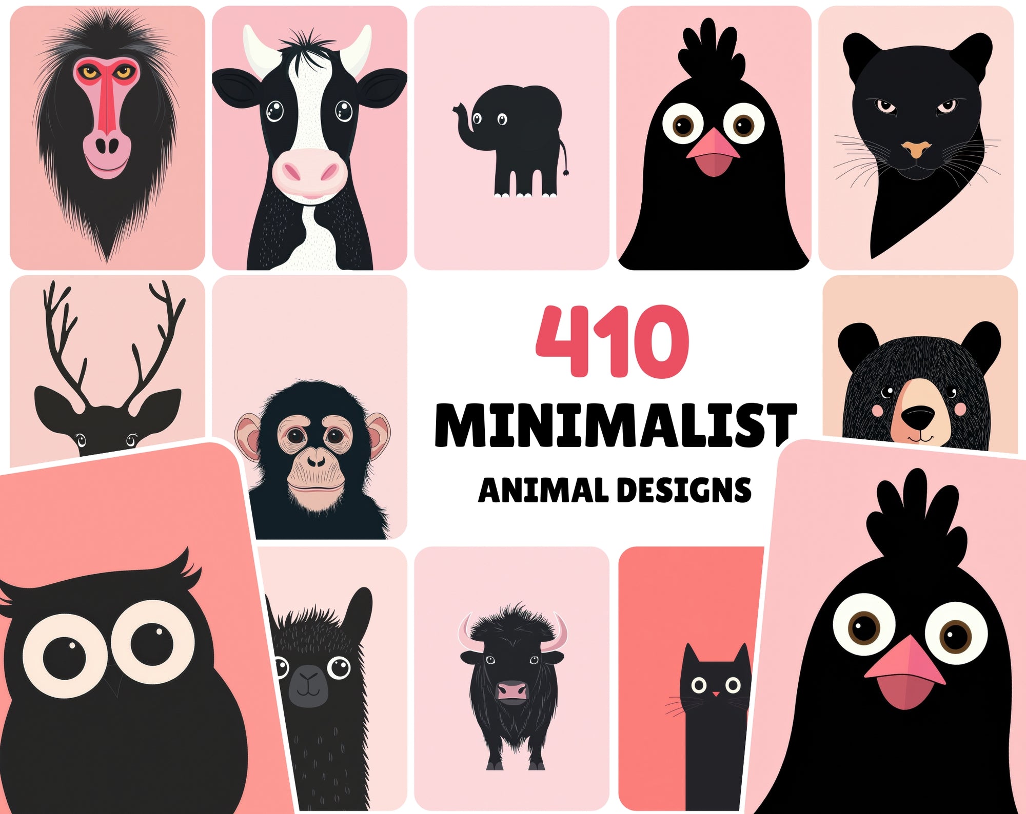 390 Minimalist Animal Illustrations on Pastel Pink Backgrounds