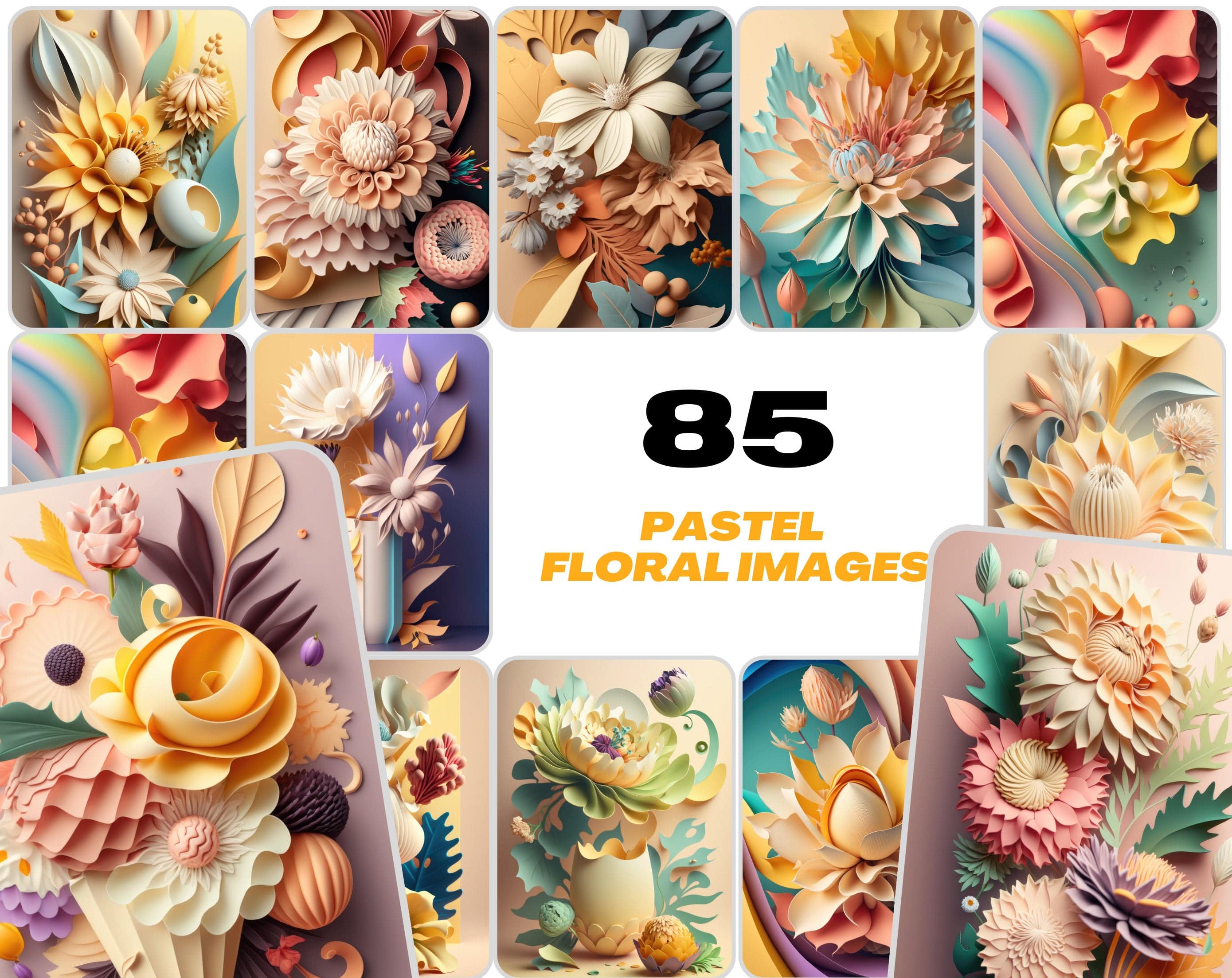 3D Pastel Floral Image Bundle, 85 Printable Artworks, Canvas Wall Art, iPhone Wallpaper, Digital Download Digital Download Sumobundle