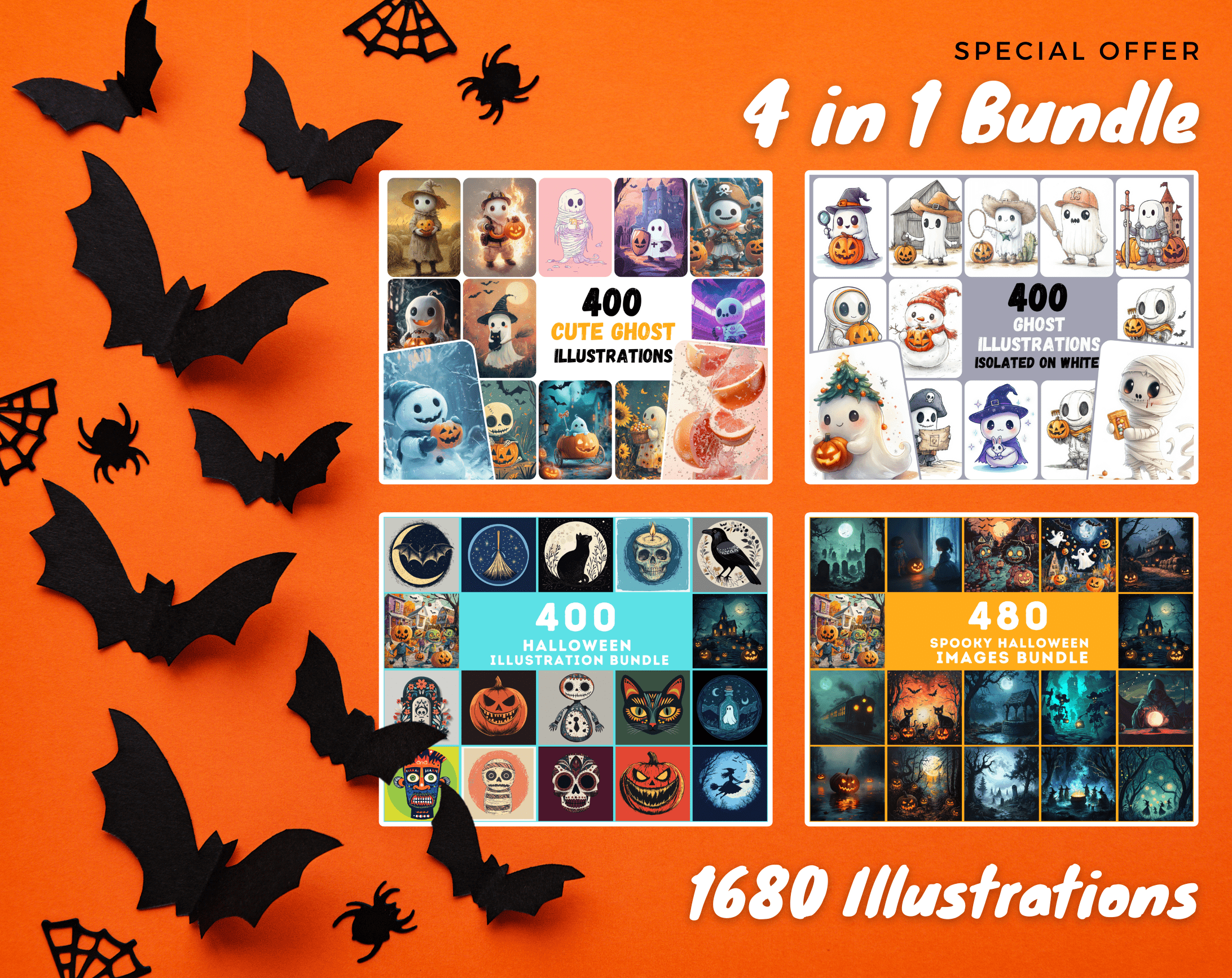 4-in-1 Collection - 1680 Halloween Mega Bundle - Ghosts, Whimsical Designs, Flat Art, Spooky Images Digital Download Sumobundle