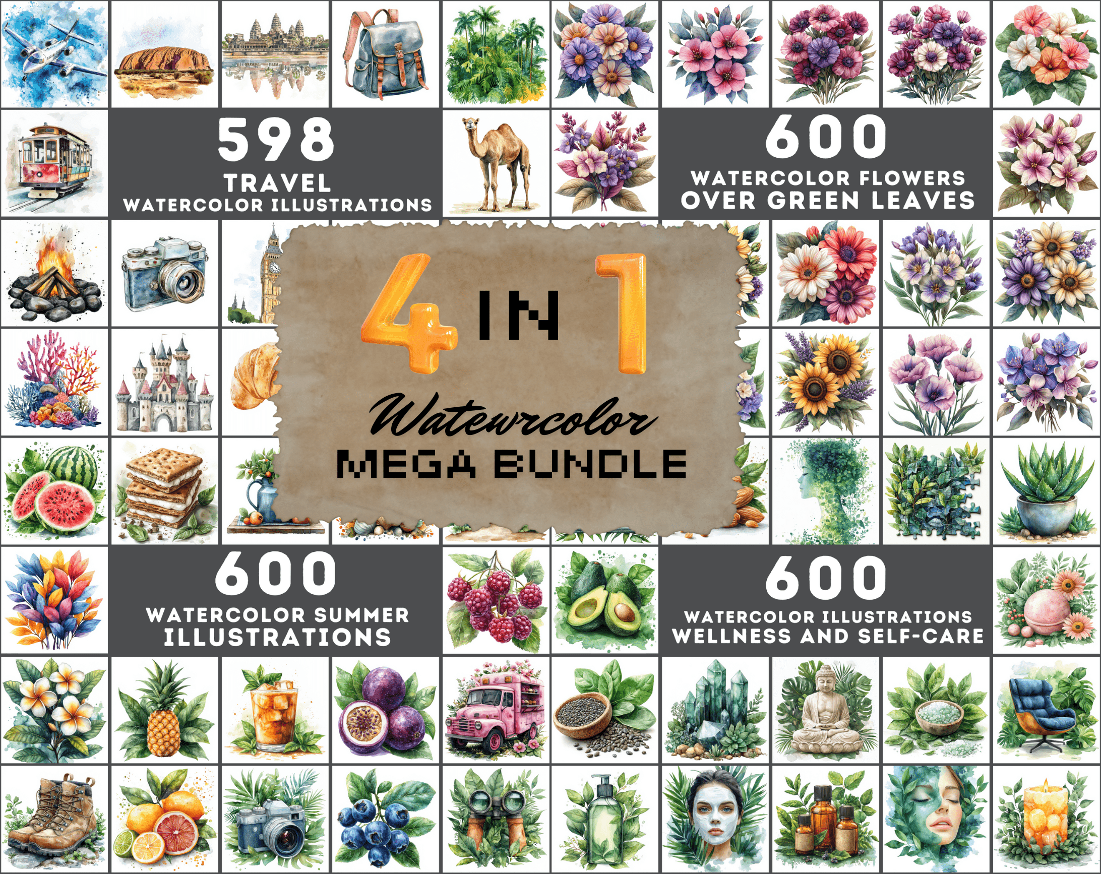 4-in-1 Designer's Dream Bundle: 2,398 Watercolor Illustrations - Travel, Wellness, Summer & Floral Digital Download Sumobundle