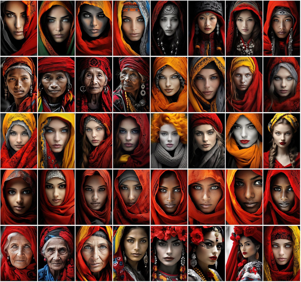 400 Close-Up Women Portraits: Diverse Countries, Selective Color, Comm