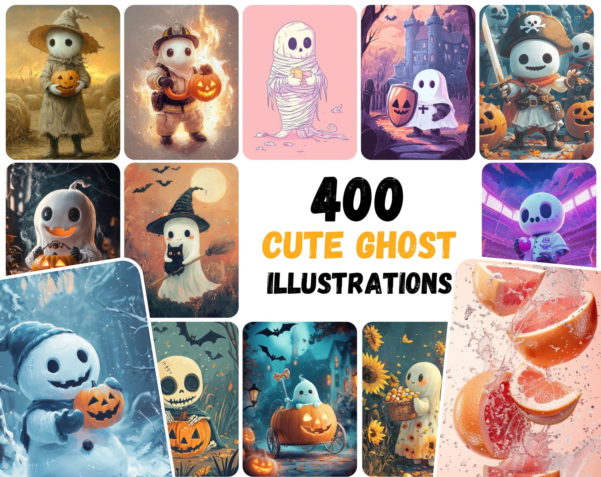 400 Cute Halloween Ghost Illustrations Bundle - Whimsical and Fun Designs Digital Download Sumobundle