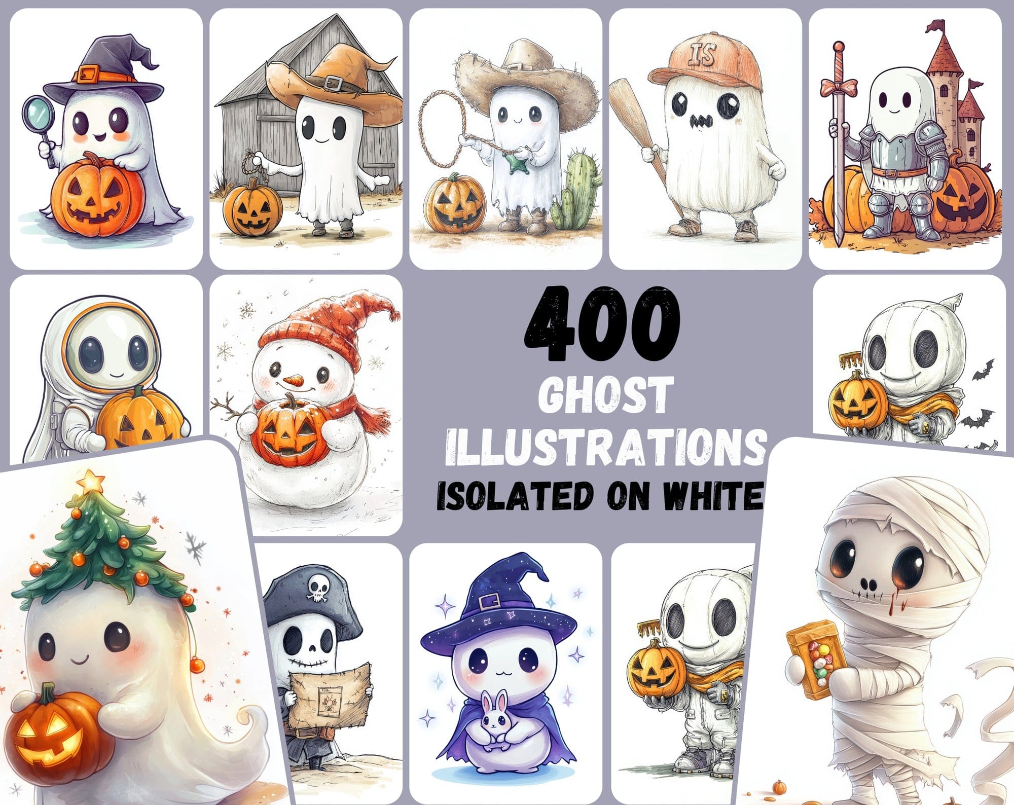 400 Cute Halloween Ghost Illustrations - Isolated on White Background Digital Download Sumobundle