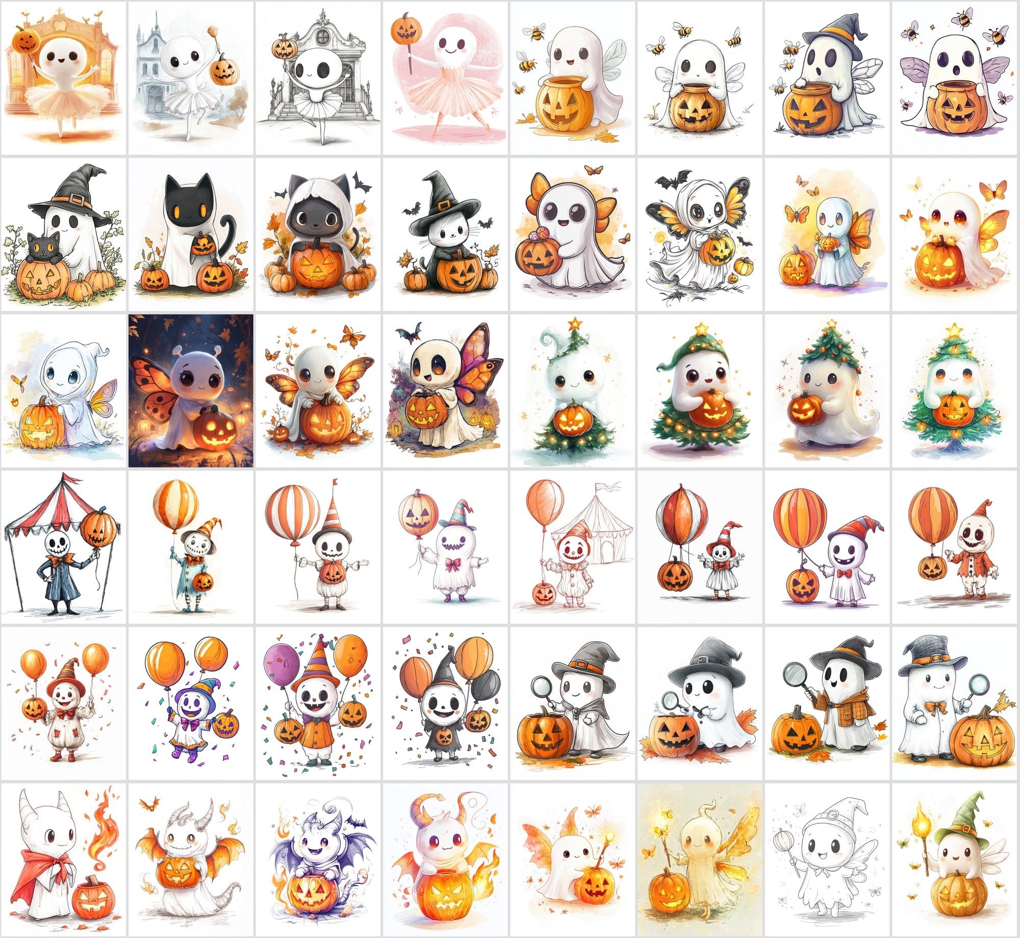 400 Cute Halloween Ghost Illustrations - Isolated on White Background Digital Download Sumobundle