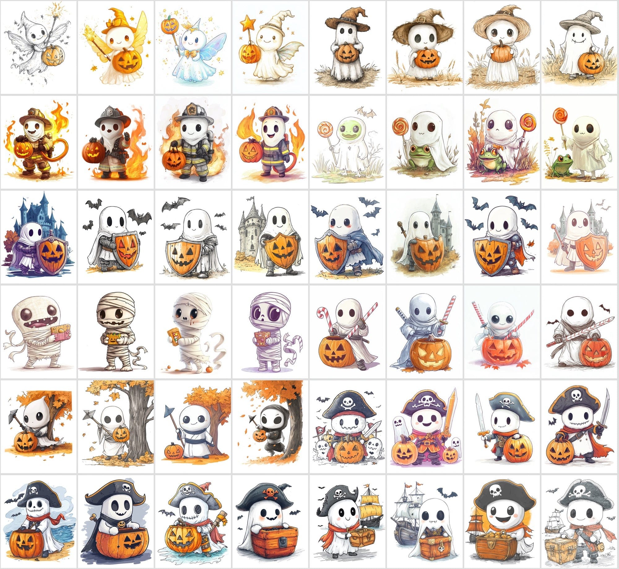 400 Cute Halloween Ghost Illustrations - Isolated on White Background Digital Download Sumobundle