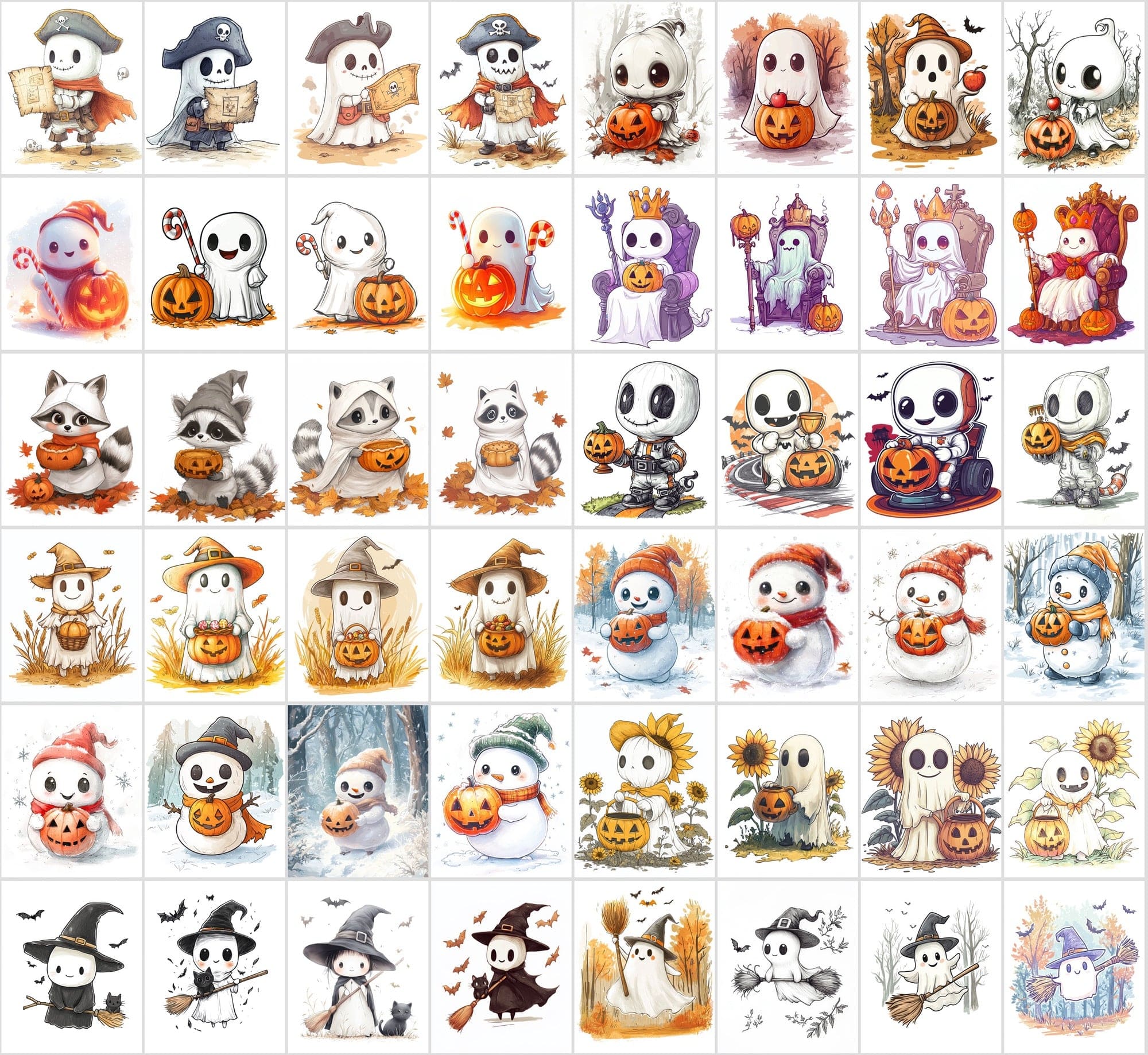 400 Cute Halloween Ghost Illustrations - Isolated on White Background Digital Download Sumobundle