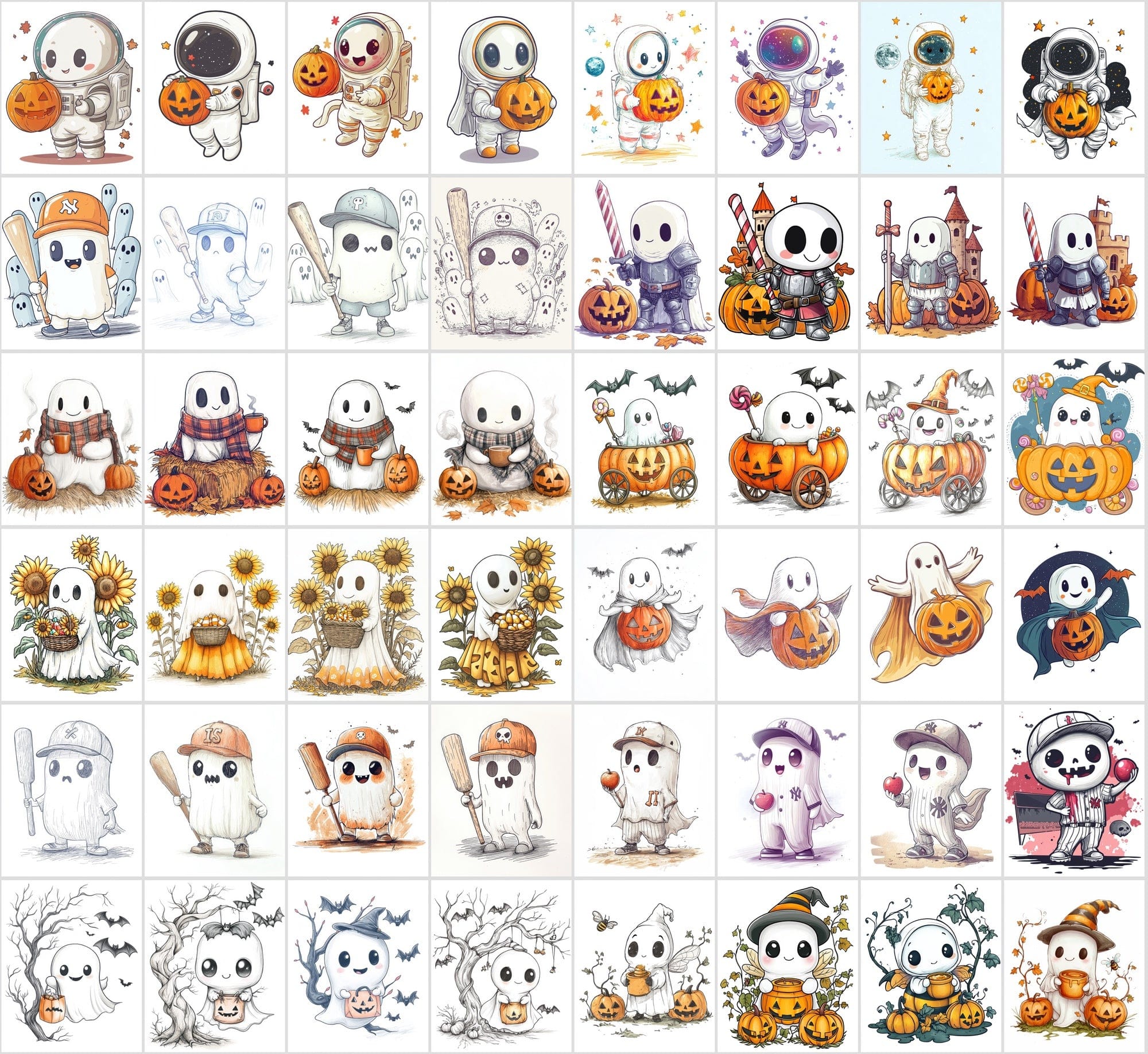 400 Cute Halloween Ghost Illustrations - Isolated on White Background Digital Download Sumobundle