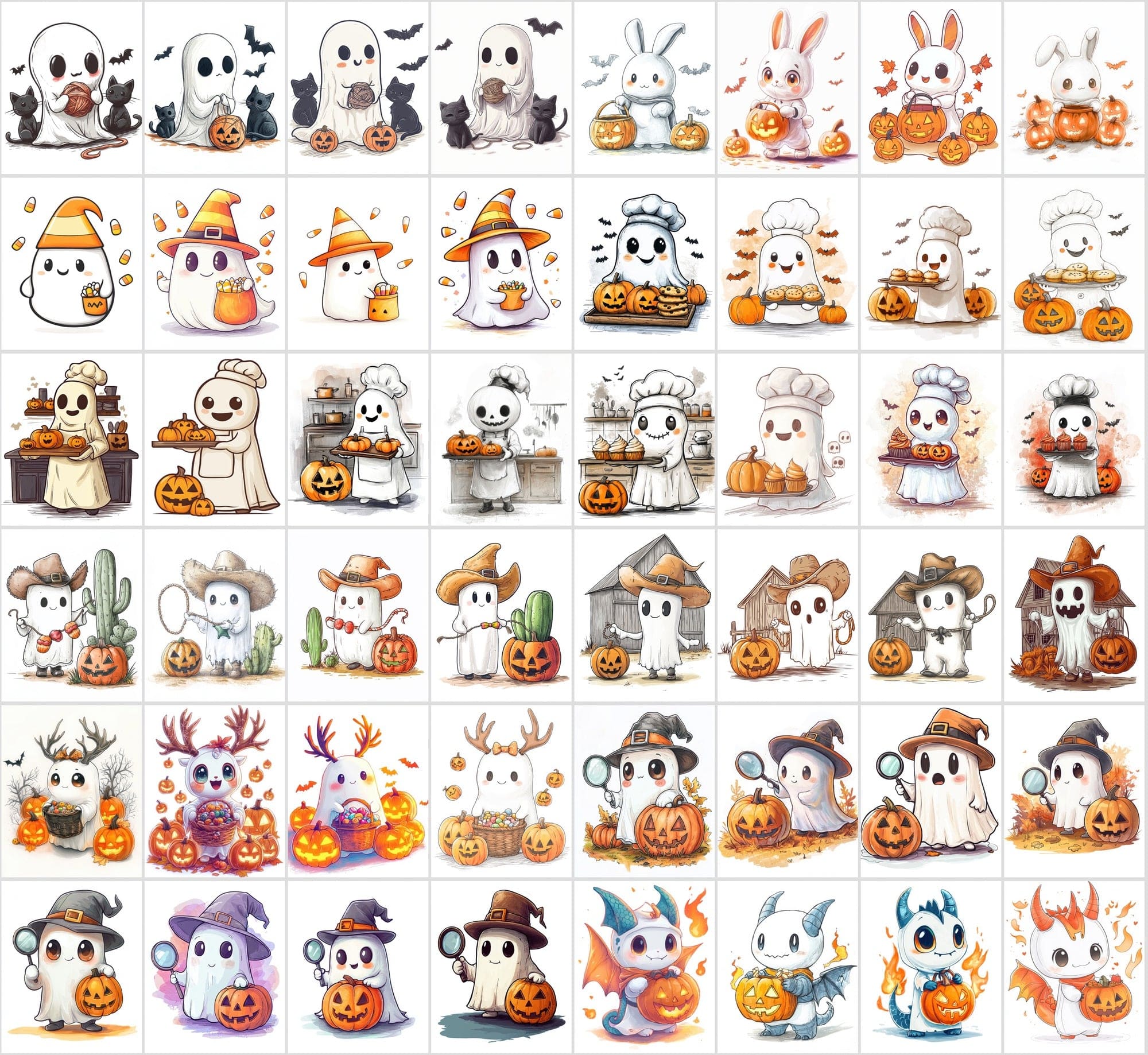 400 Cute Halloween Ghost Illustrations - Isolated on White Background Digital Download Sumobundle