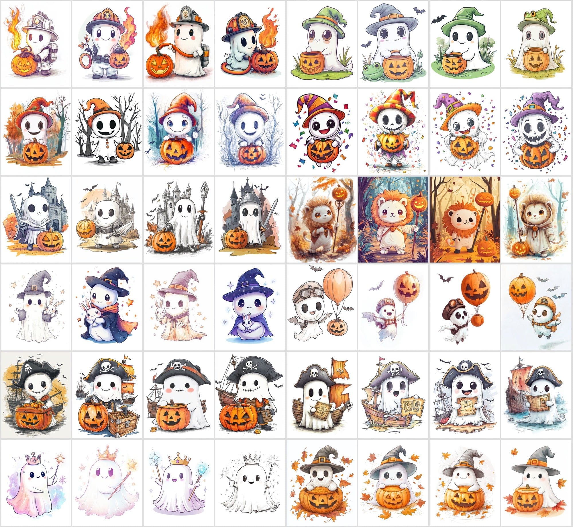 400 Cute Halloween Ghost Illustrations - Isolated on White Background Digital Download Sumobundle