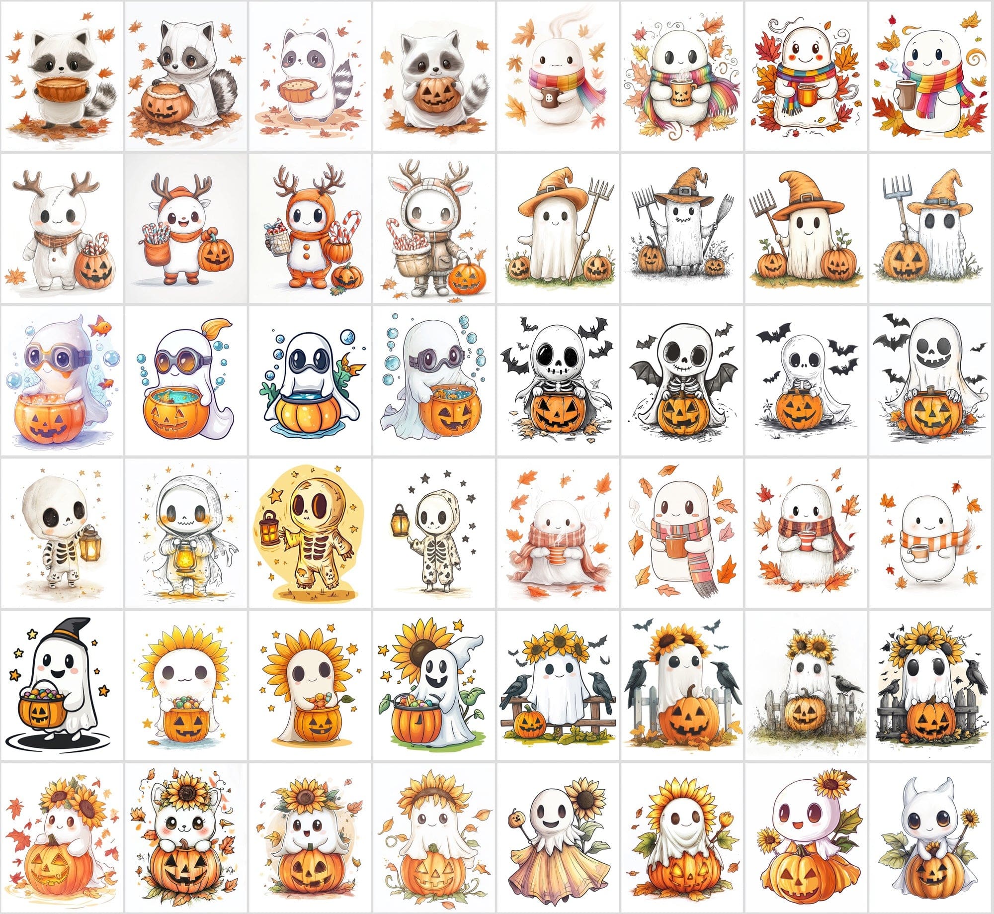 400 Cute Halloween Ghost Illustrations - Isolated on White Background Digital Download Sumobundle