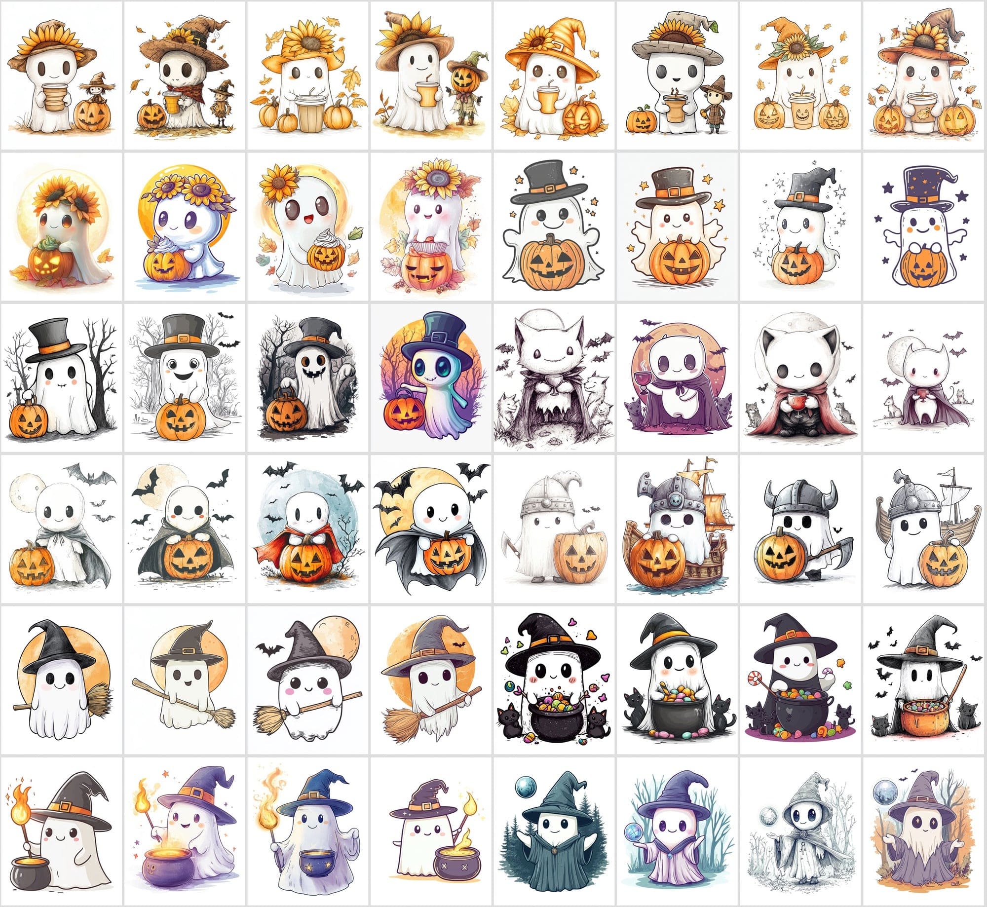 400 Cute Halloween Ghost Illustrations - Isolated on White Background Digital Download Sumobundle